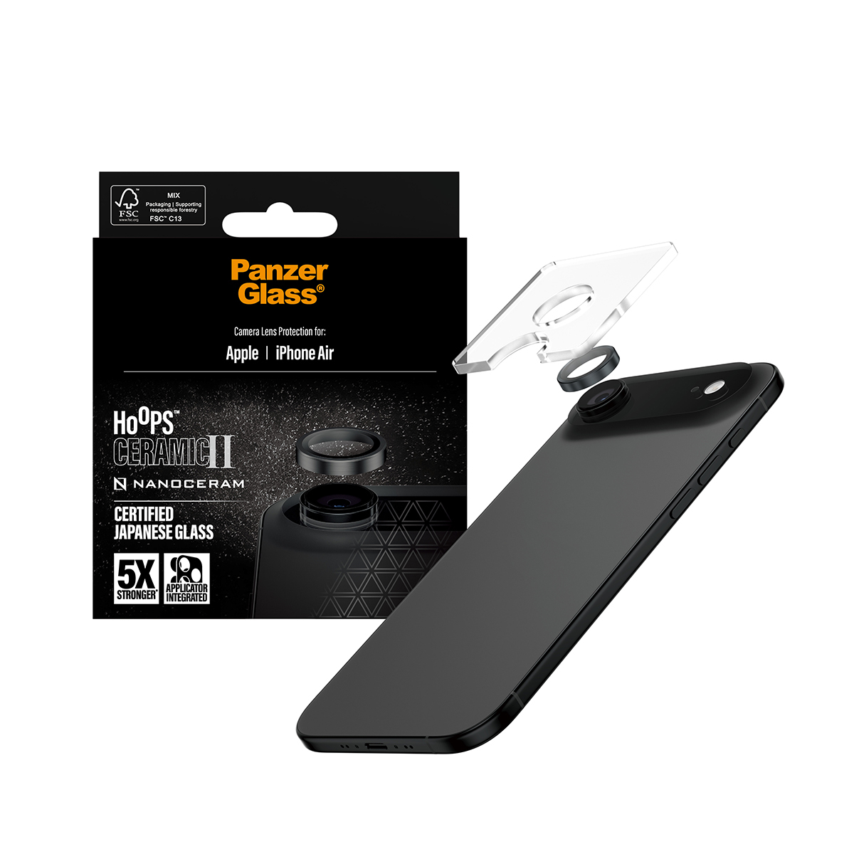 A black iPhone with a lens protector, a box with "Panzer Glass" logo, and a clear lens protector are displayed.