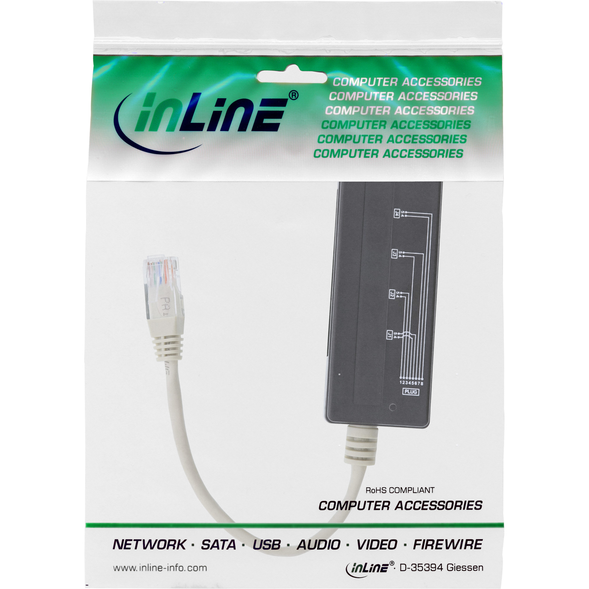 Eine Computerzubehörverpackung. Sie hat ein Netzwerkkabel und einen schwarzen Adapter. Die Verpackung ist weiß und grün.