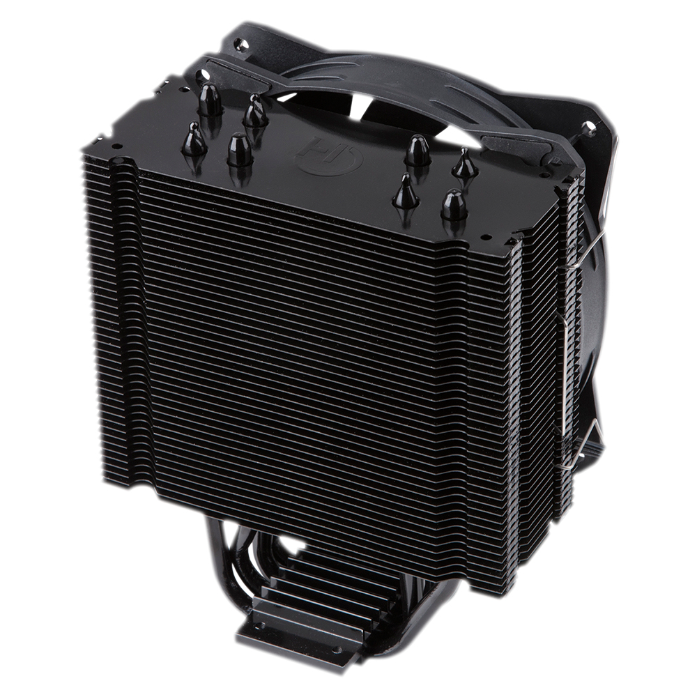Un enfriador de CPU negro con múltiples aletas y tubos de calor, aislado sobre fondo blanco.