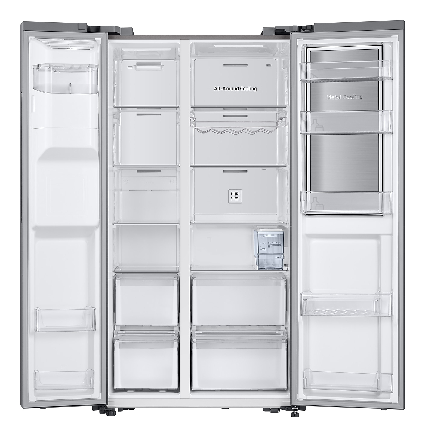 Otwarta lodówka z wieloma półkami, szufladami i przegródkami. Z etykietami takimi jak 'All-Around Cooling' i 'Metal Cooling'.