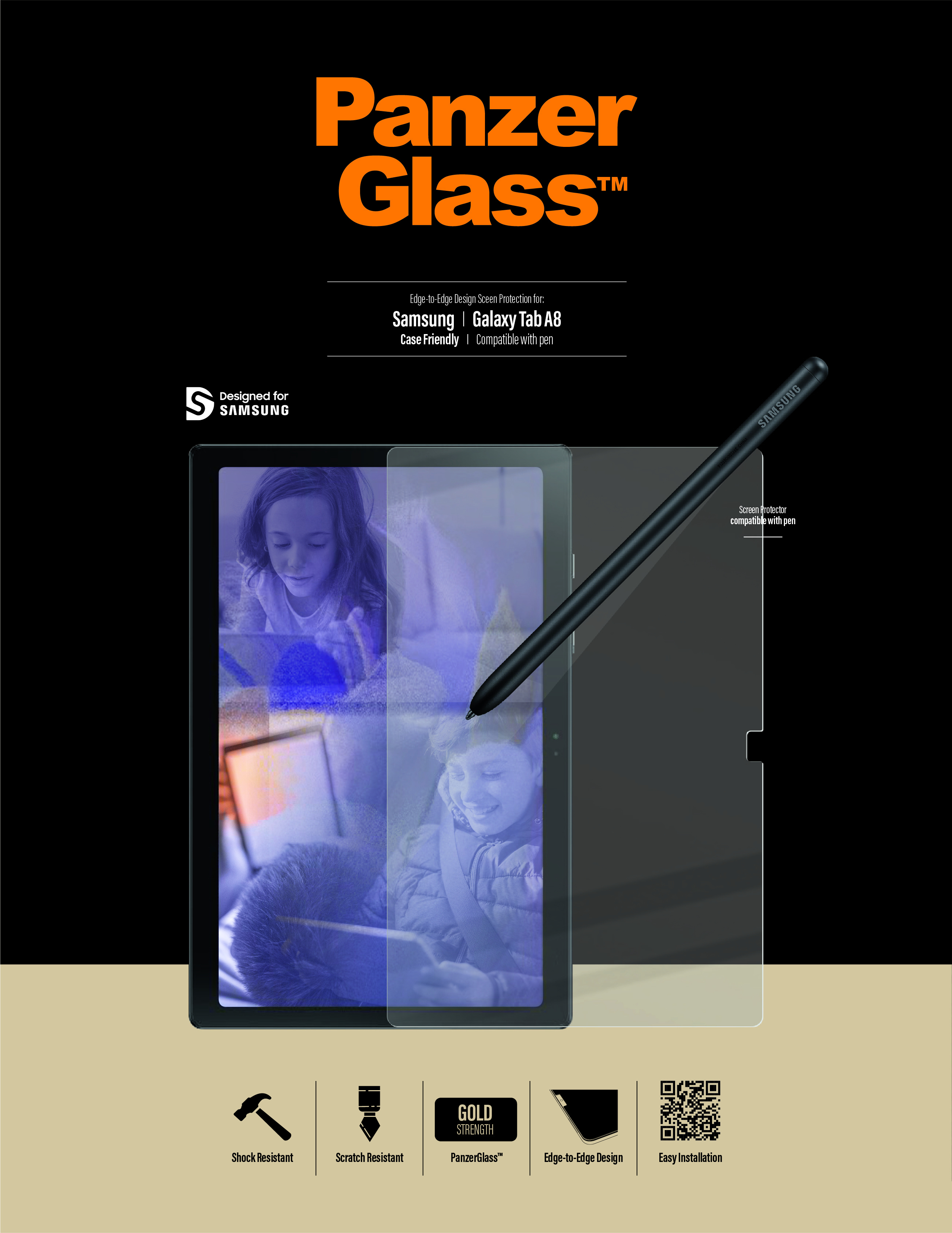 Sfondo nero con info prodotto. Un tablet con protezione schermo e penna. Prodotto PanzerGlass visibile.
