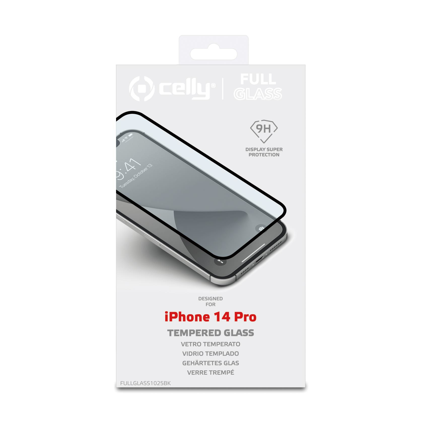 Pellicola protettiva in vetro temperato per iPhone 14 Pro, confezionata in bianco, che mostra il telefono.