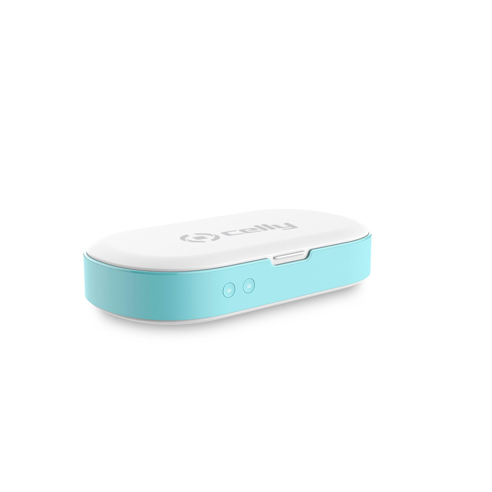 Un estuche de carga de la marca Celly blanco y verde azulado, de forma ovalada, con dos botones. Fondo blanco.