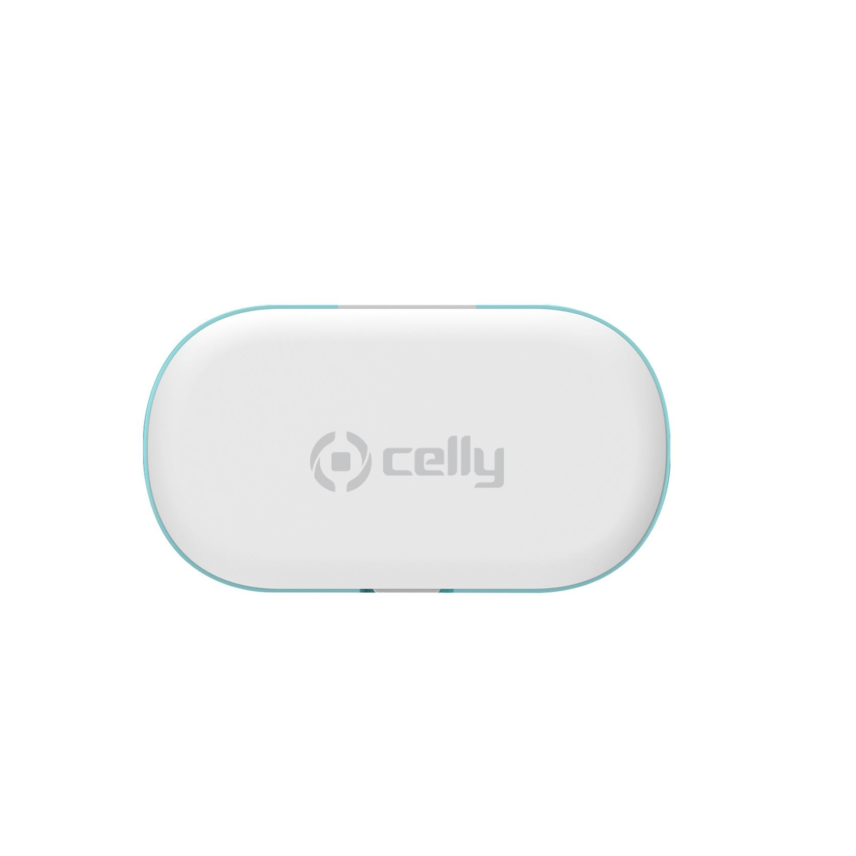 Dispositivo blanco ovalado con borde turquesa. El logotipo 'celly' está en el centro.