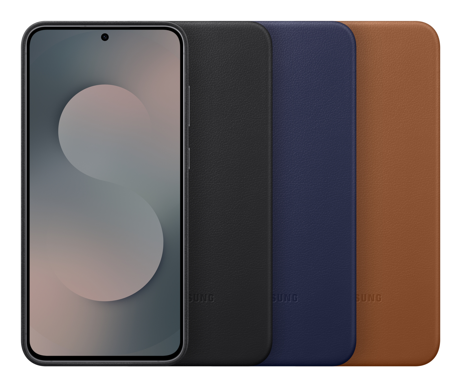 Een smartphone naast drie leren telefoonhoesjes in zwart, blauw en bruin. Het scherm toont een wazige afbeelding.