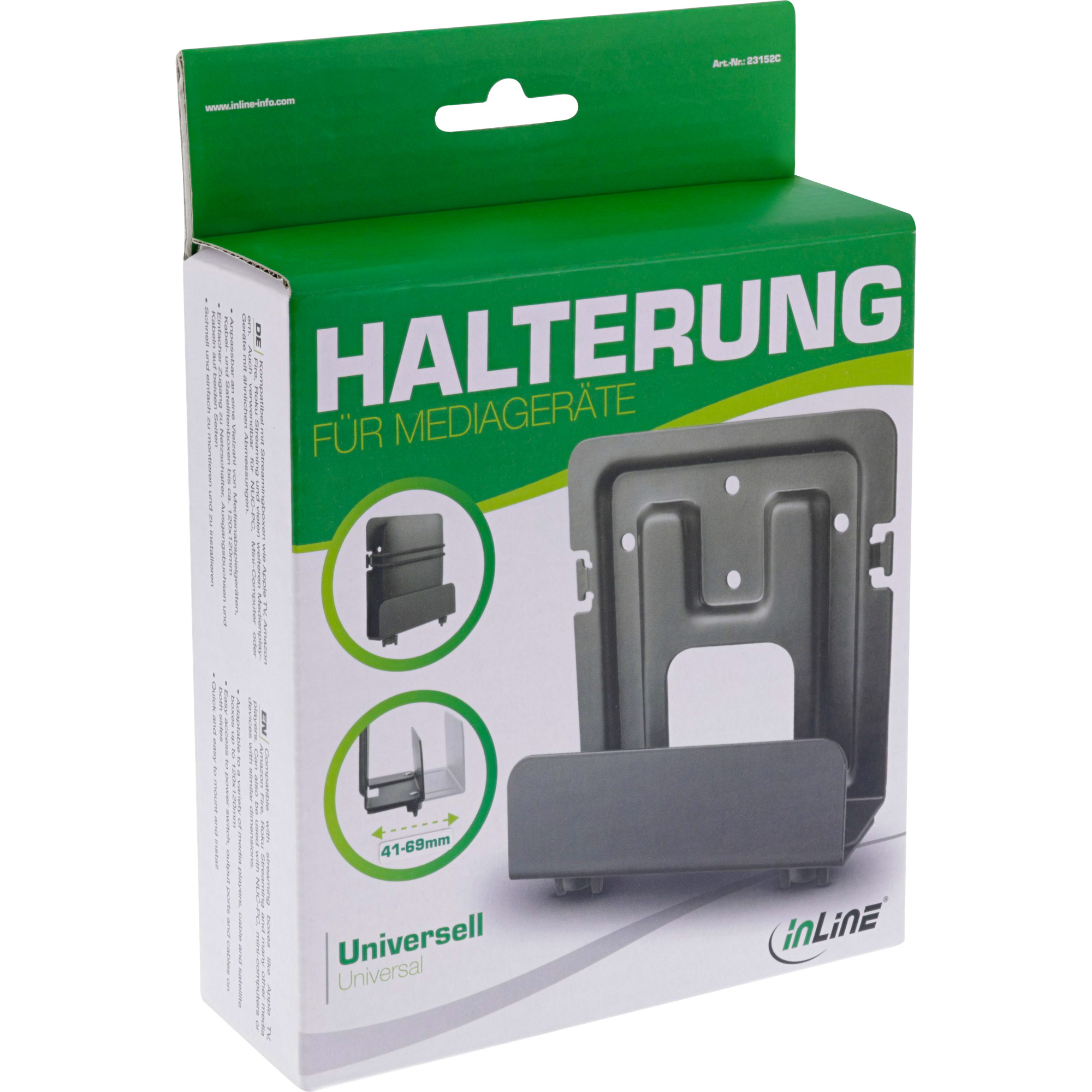 Eine Schachtel mit Produktdetails für eine Gerätehalterung. Die Schachtel ist grün und weiß, mit dem Produktnamen in großen Buchstaben.