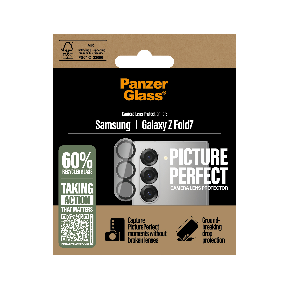 Emballage pour protecteur d'objectif de caméra Panzer Glass. Le texte inclut 'Samsung Galaxy Z Fold7', 'Picture Perfect' et '60% verre recyclé'.