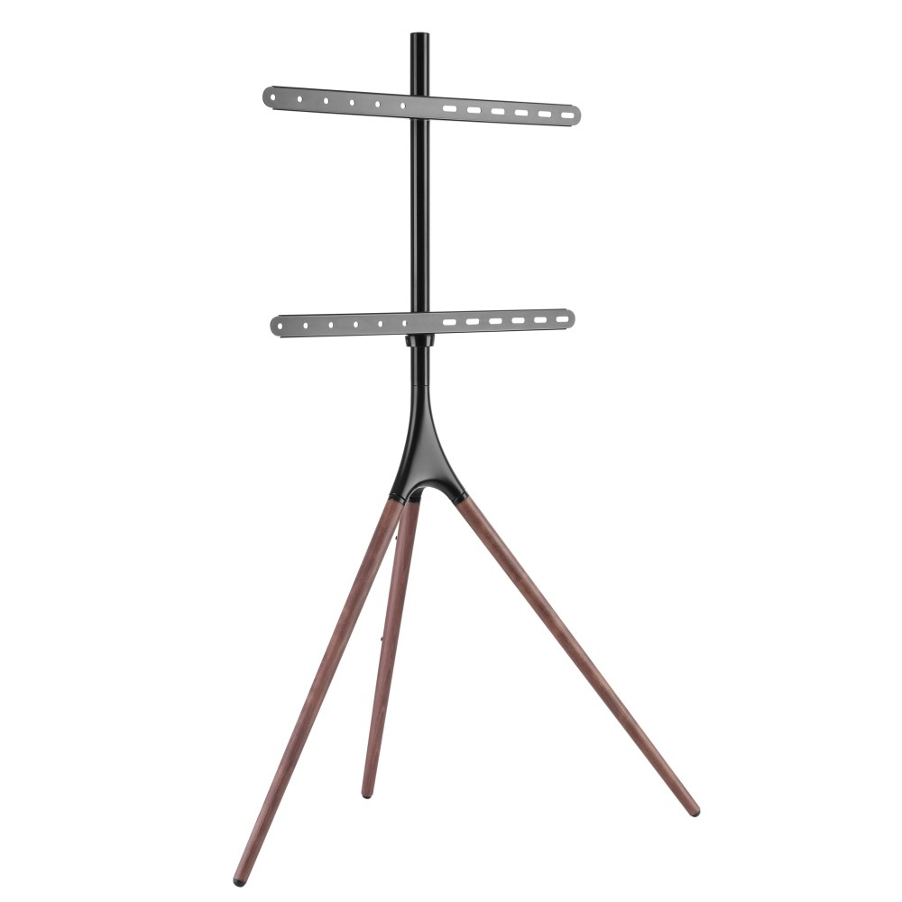 Ein moderner TV-Ständer mit schwarzer Mittelsäule, zwei grauen Halterungen und drei braunen Holzbeinen. Der Ständer steht auf weißem Hintergrund.