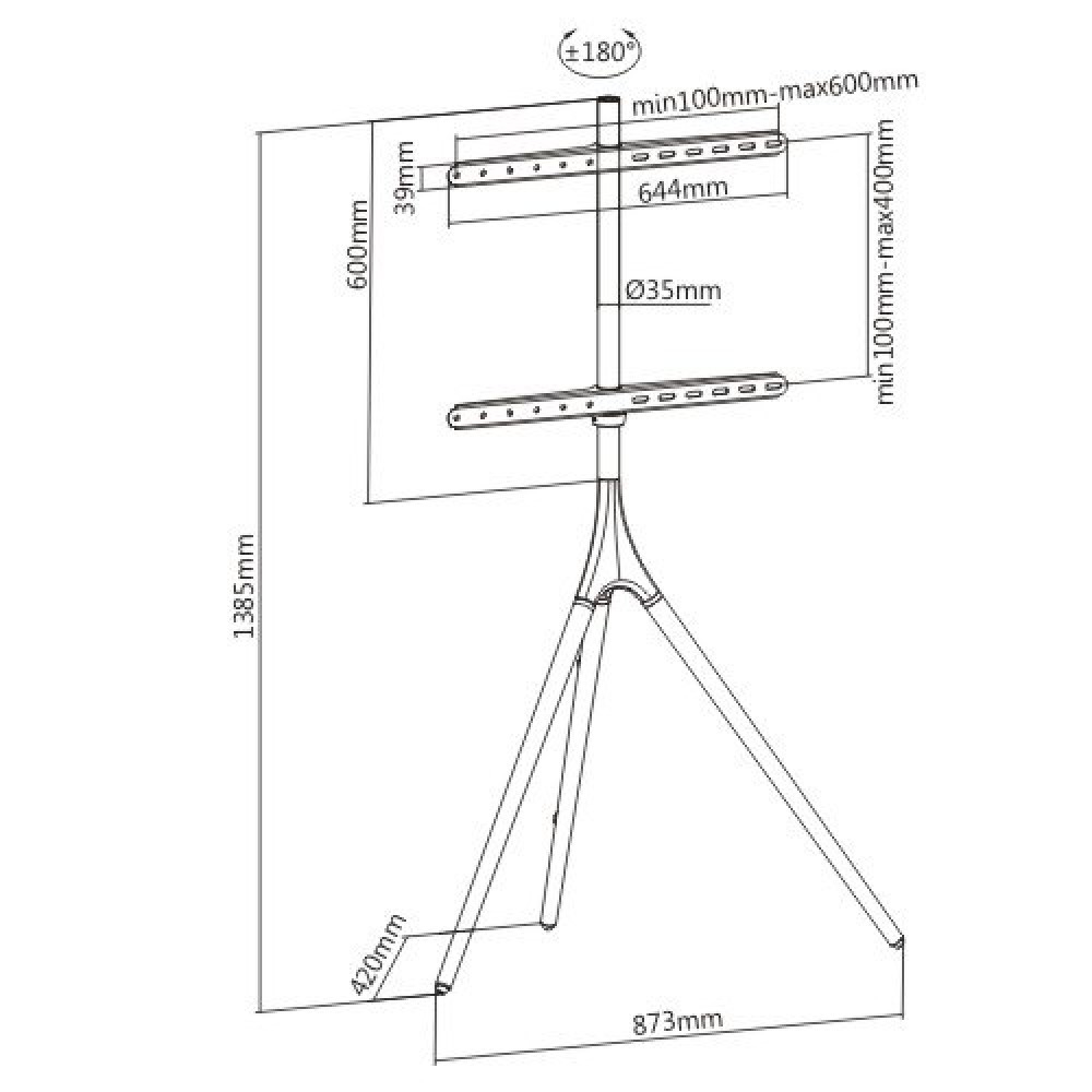 Diagramm eines Ständers mit Maßen. Er hat zwei horizontale Stangen, eine zentrale Stange und Stativbeine. Abmessungen sind beschriftet.