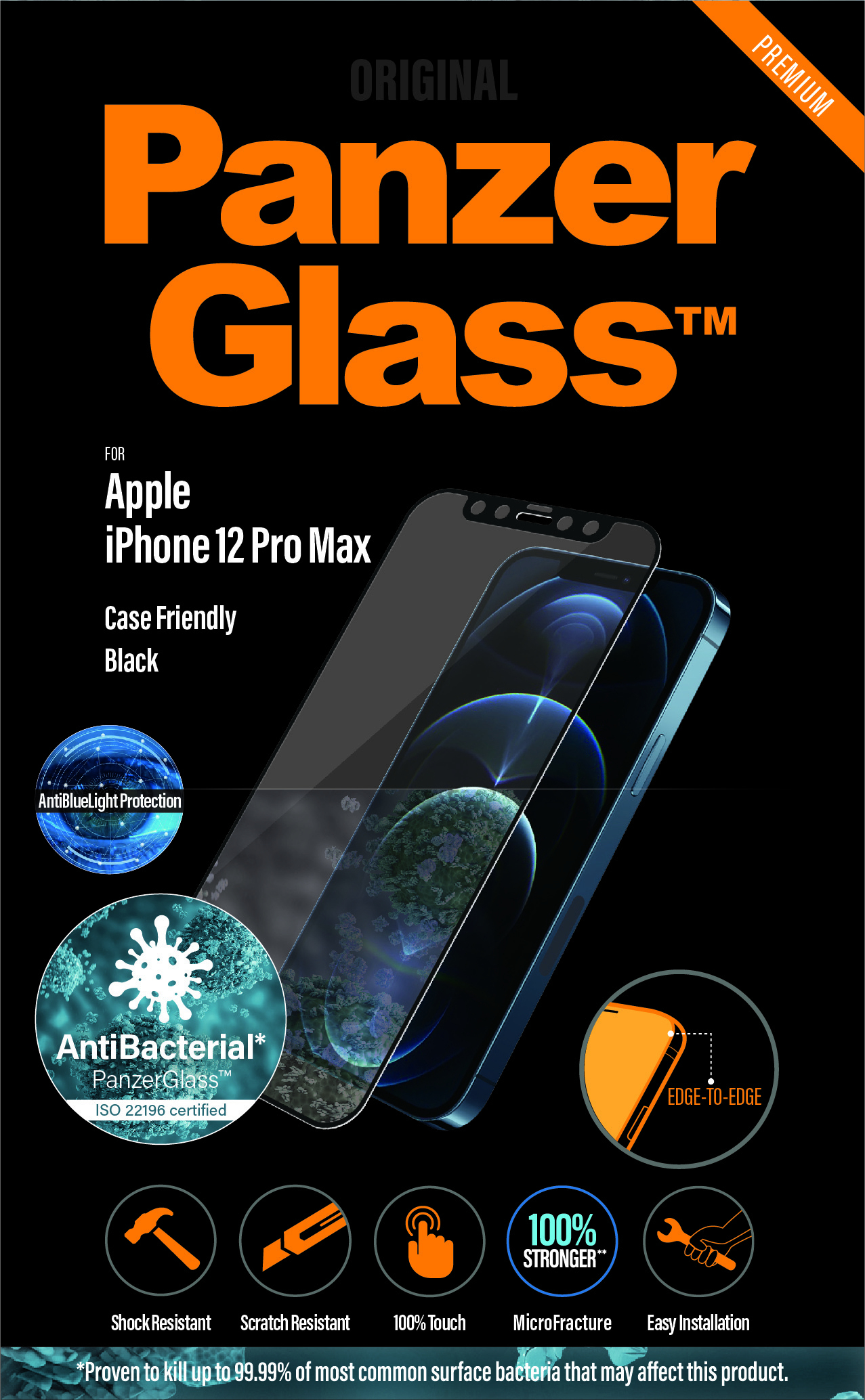 Sfondo nero con testo arancione PanzerGlass. Mostra un telefono con protezione schermo, caratteristiche: antibatterico, resistente agli urti.