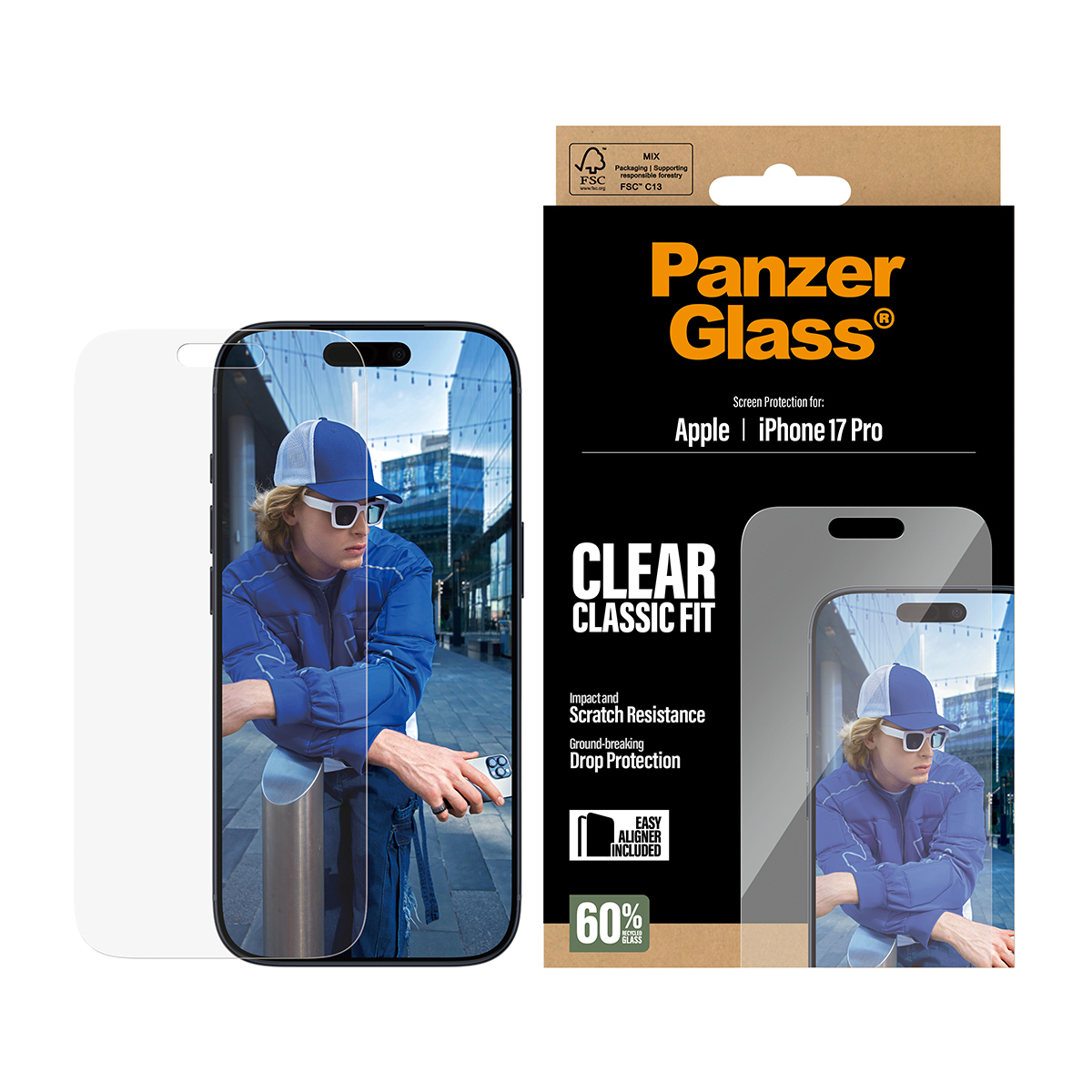 Une boîte de protection d'écran avec une image de téléphone, avec une personne en veste bleue. Texte : Panzer Glass, Clear Classic Fit.