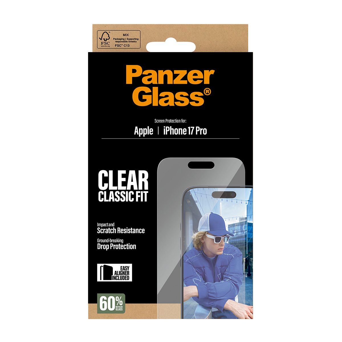 Boîte Panzer Glass pour iPhone 17 Pro. Comprend une protection d'écran, un ajustement classique clair, une résistance aux chocs et aux rayures, et une protection contre les chutes.