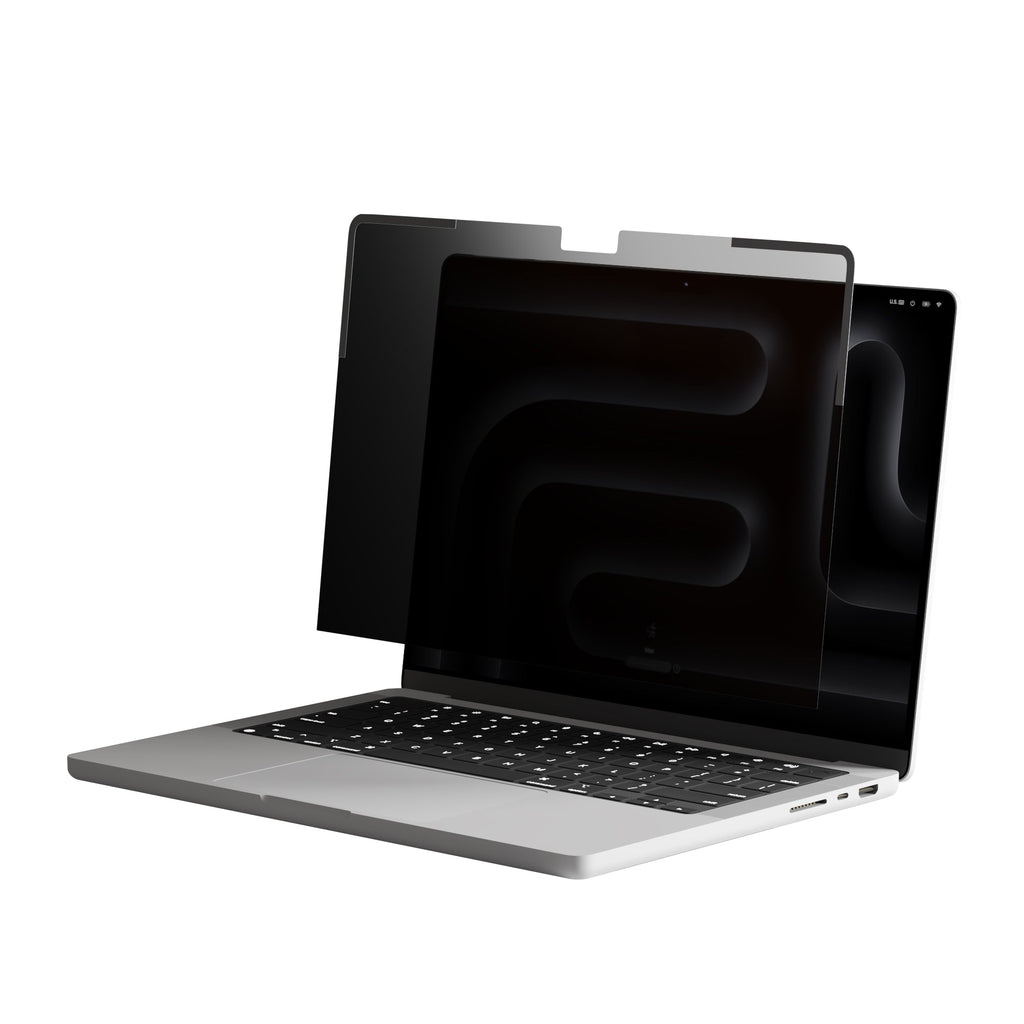 Un portátil con filtro de privacidad. La pantalla es negra con un diseño estilizado. El portátil es plateado y está sobre fondo blanco.
