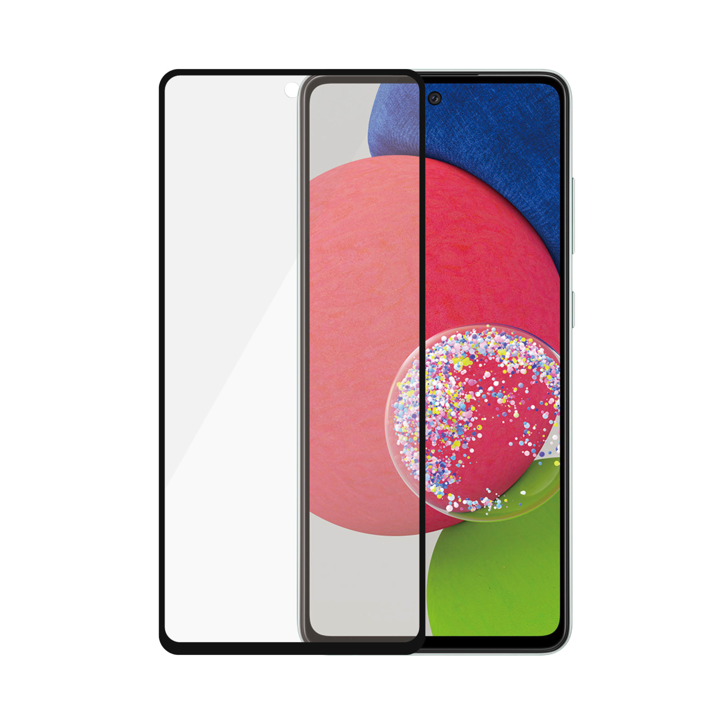 Uno smartphone con una protezione schermo applicata. Lo schermo mostra colori rosa, rossi e blu, con macchie colorate.