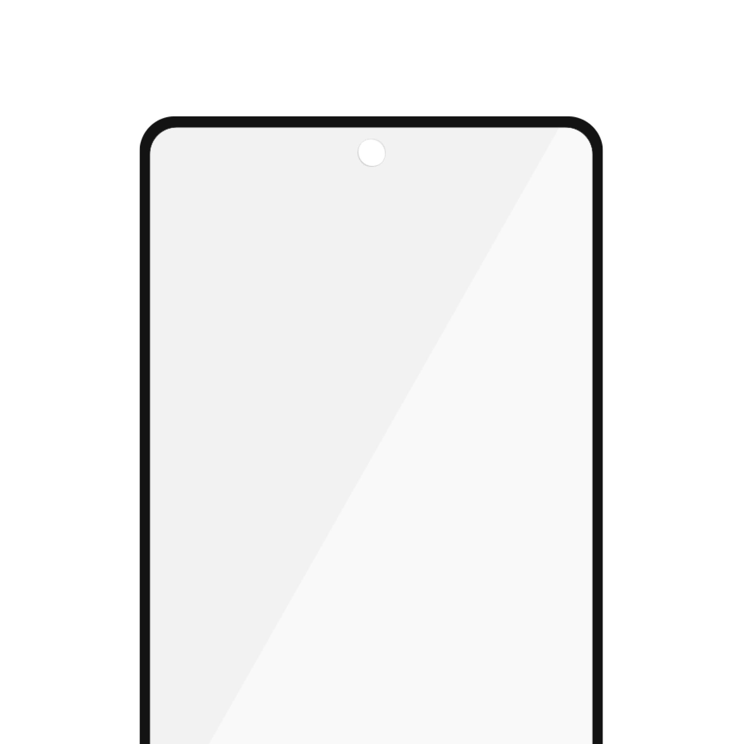 Un proteggi schermo per smartphone. È rettangolare con angoli arrotondati e bordo nero. Un piccolo cerchio è in alto.
