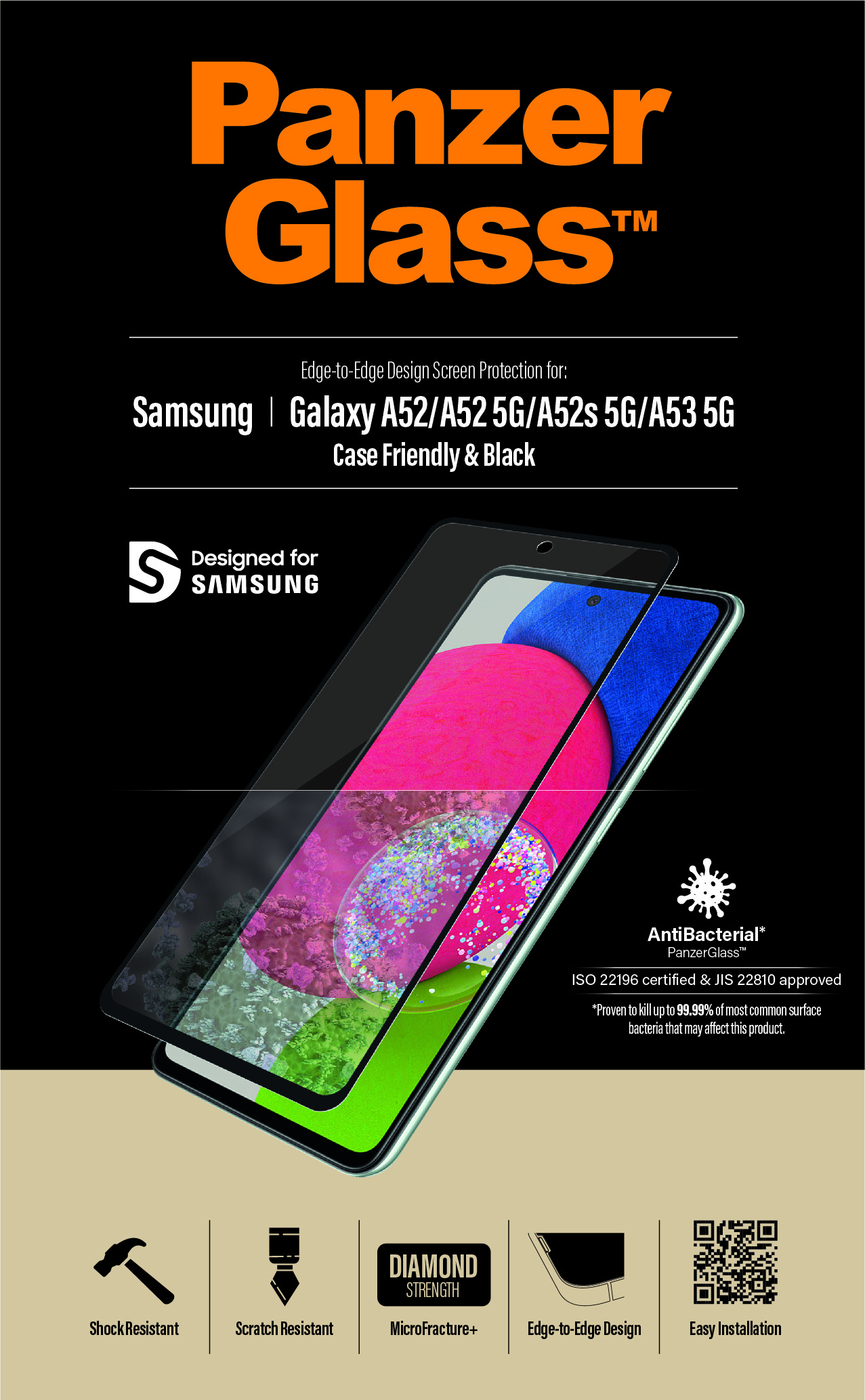 Proteggi schermo PanzerGlass su un telefono. Testo: Samsung Galaxy A52/A52 5G/A52s 5G/A53 5G. Caratteristiche: resistente agli urti e antibatterico.