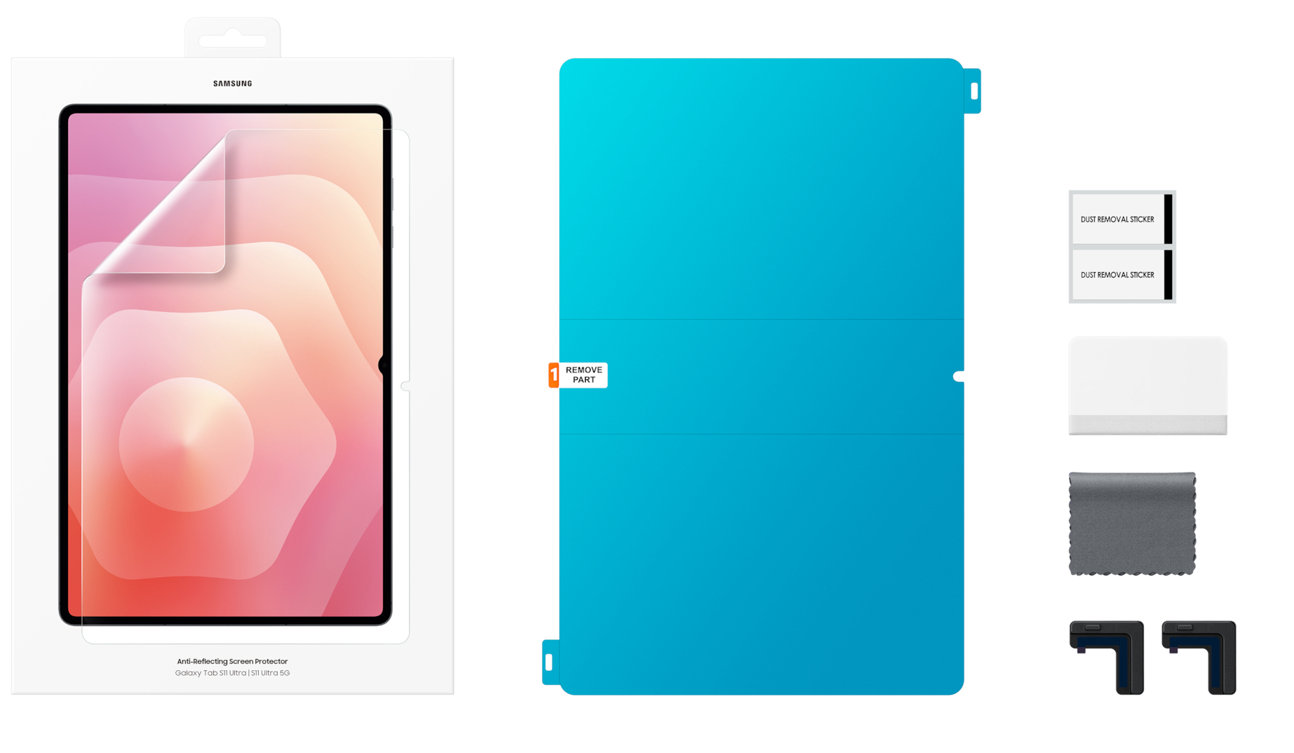 Zestaw ochraniacza ekranu do tabletu Samsung. Zawiera ochraniacz, środki czyszczące i naklejki do usuwania.
