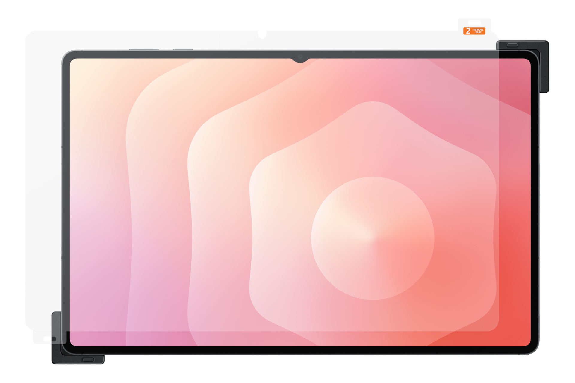 Tablet z nałożonym ochraniaczem ekranu. Ekran wyświetla różowo-biały gradient. Ochraniacz się odkleja.