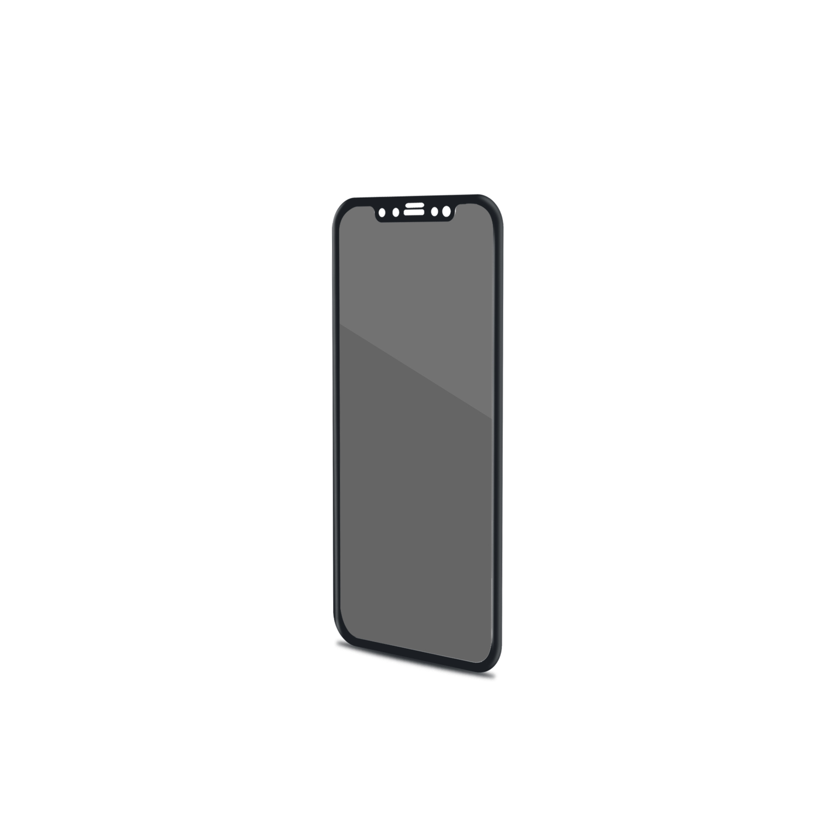 Uno smartphone su sfondo bianco. Il telefono è nero con schermo grigio scuro. La fotocamera è visibile.