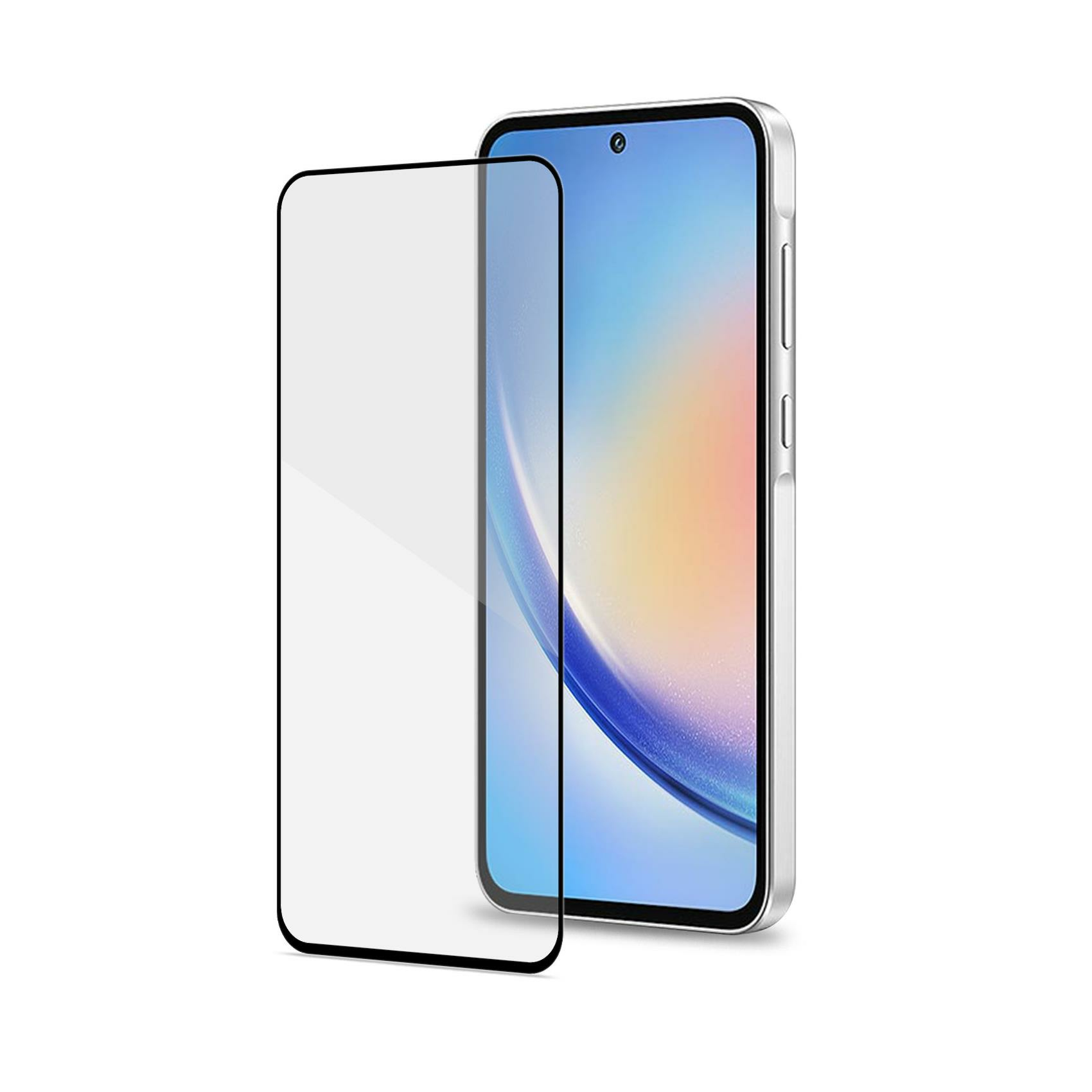 Uno smartphone con una protezione per lo schermo accanto. Il telefono ha una cornice argentata e uno schermo blu.