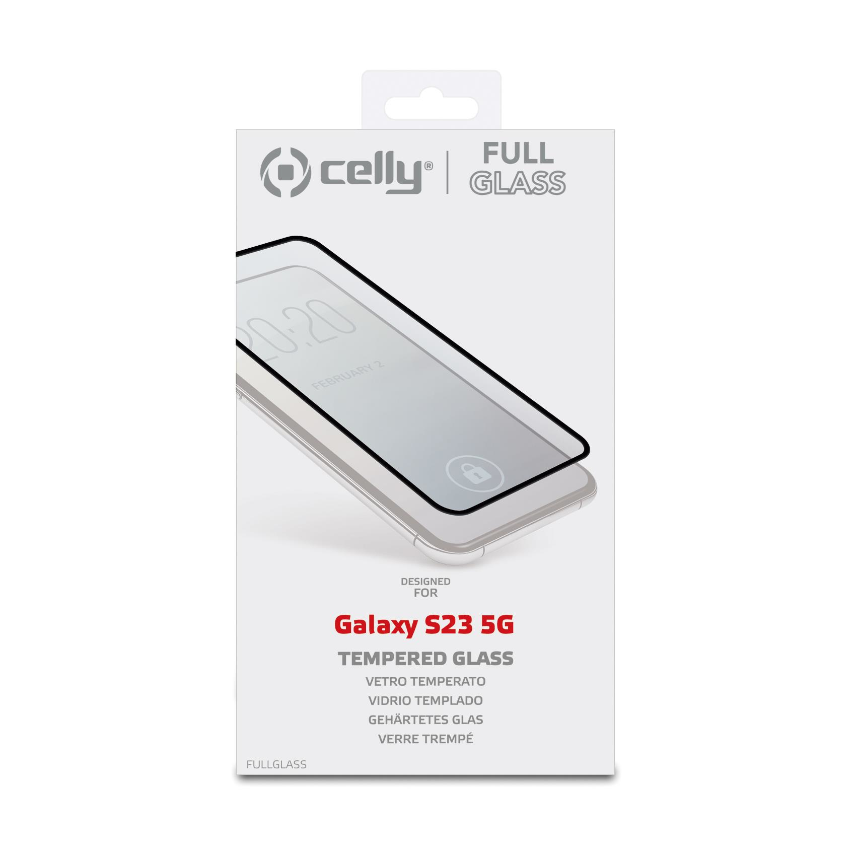 Confezione di protezione schermo con immagine telefono, logo e testo 'Galaxy S23 5G TEMPERED GLASS'.