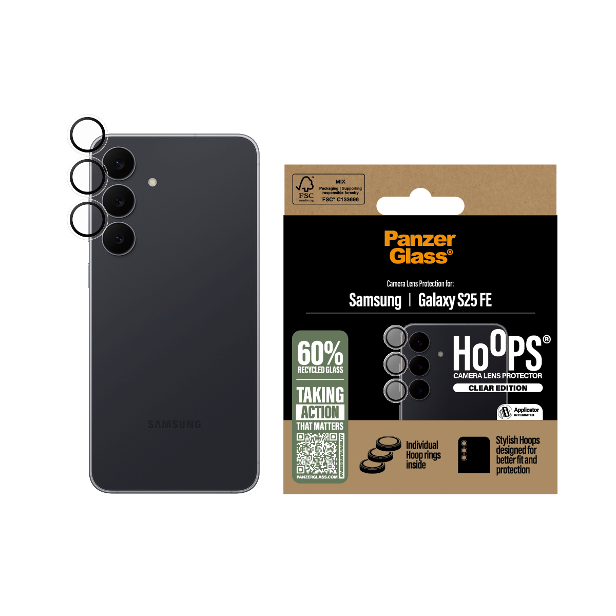 Een Samsung Galaxy S25 FE-telefoon, met Panzer Glass Hoops cameralensbeschermer en verpakking met informatie over gerecycled glas.