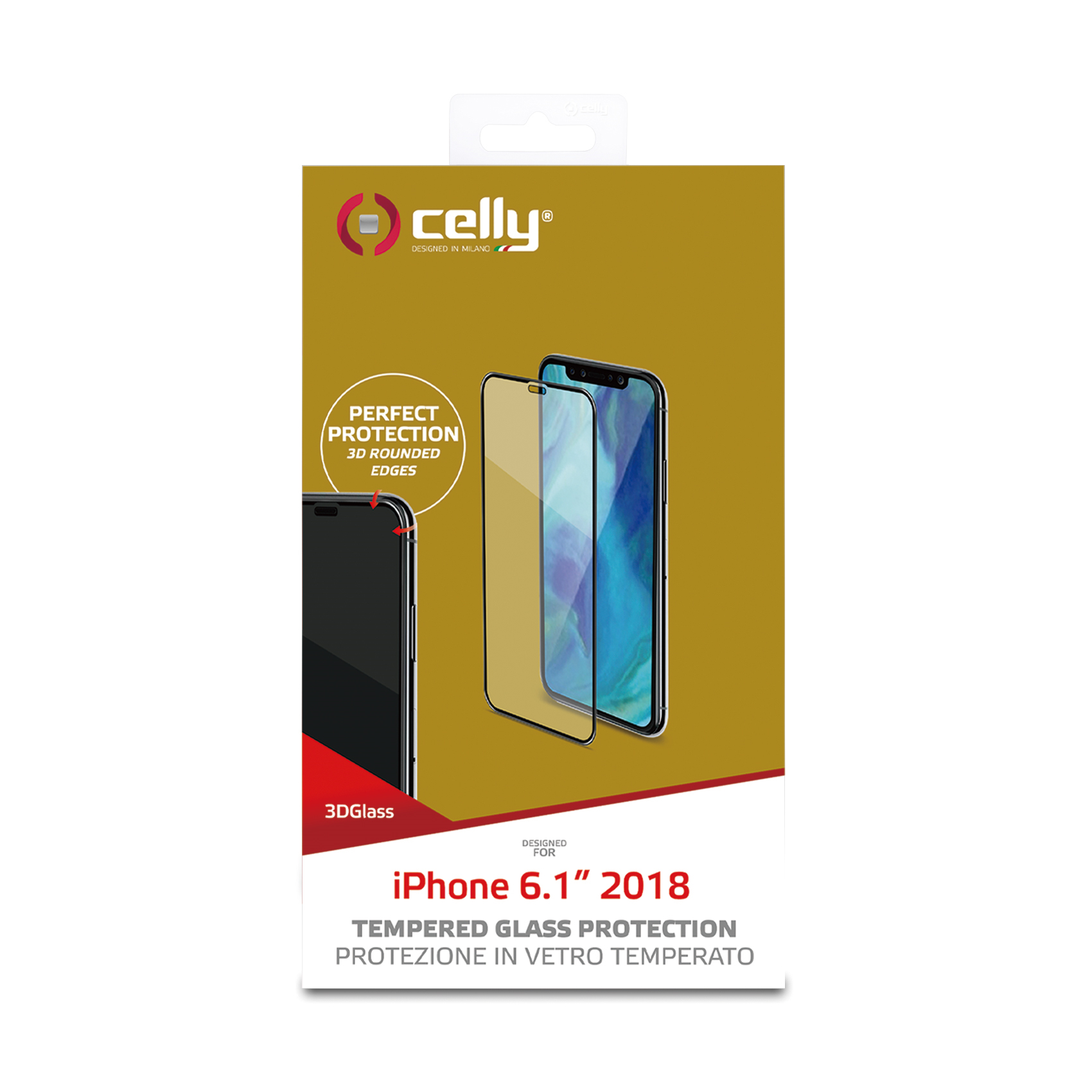 Confezione di protezione schermo per telefono con immagine del telefono, logo del marchio e testo sulla protezione.