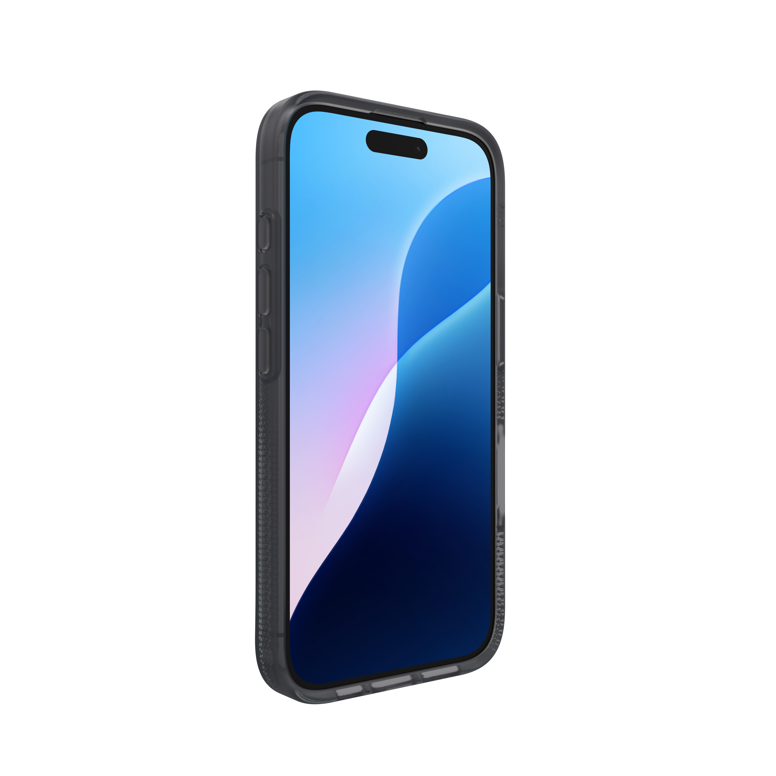 Ein Smartphone mit Hülle, Bildschirm mit blau-violettem Farbverlauf, vor weißem Hintergrund.