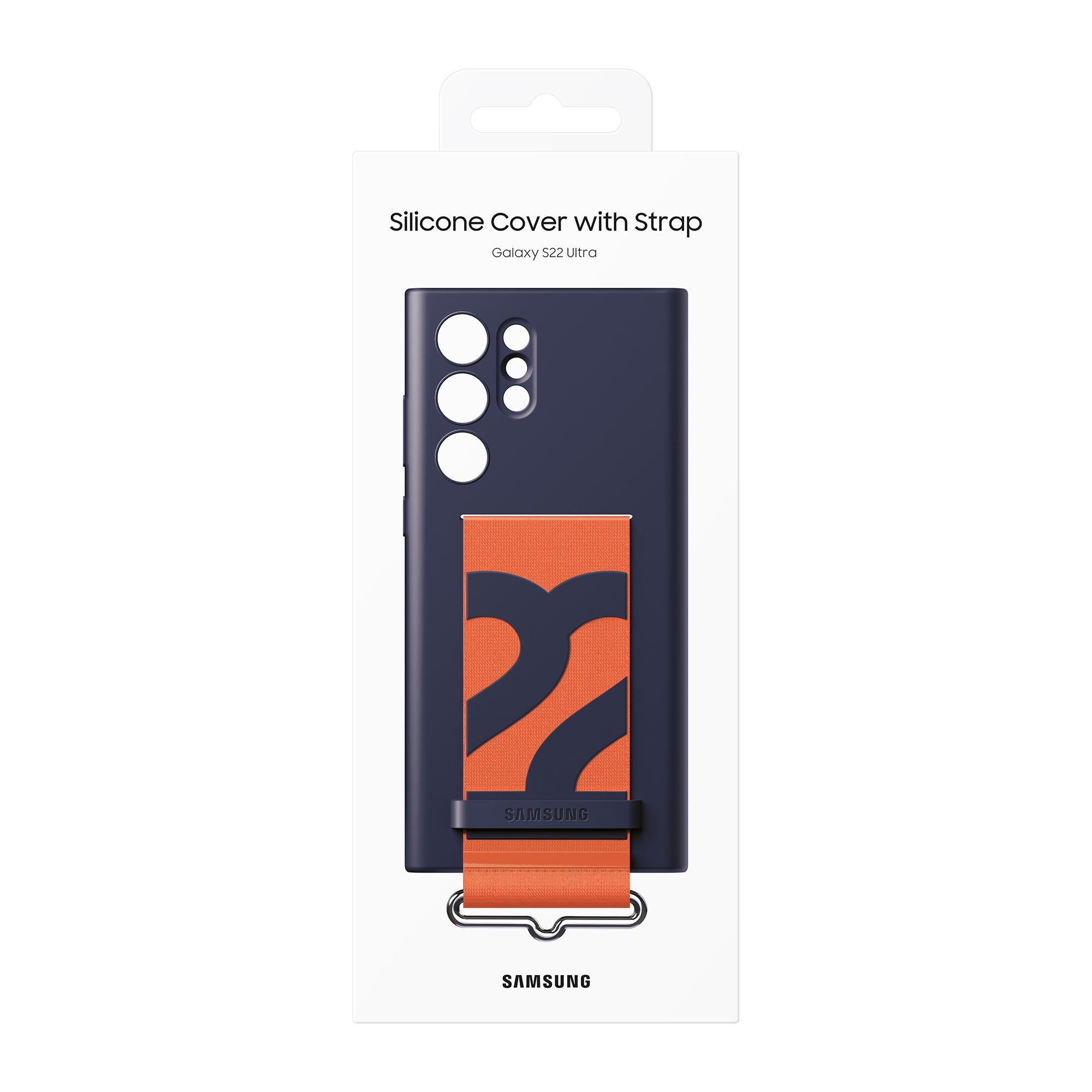 Funda de teléfono azul marino con correa naranja. La correa tiene formas de '22' azul marino y el logotipo de Samsung.