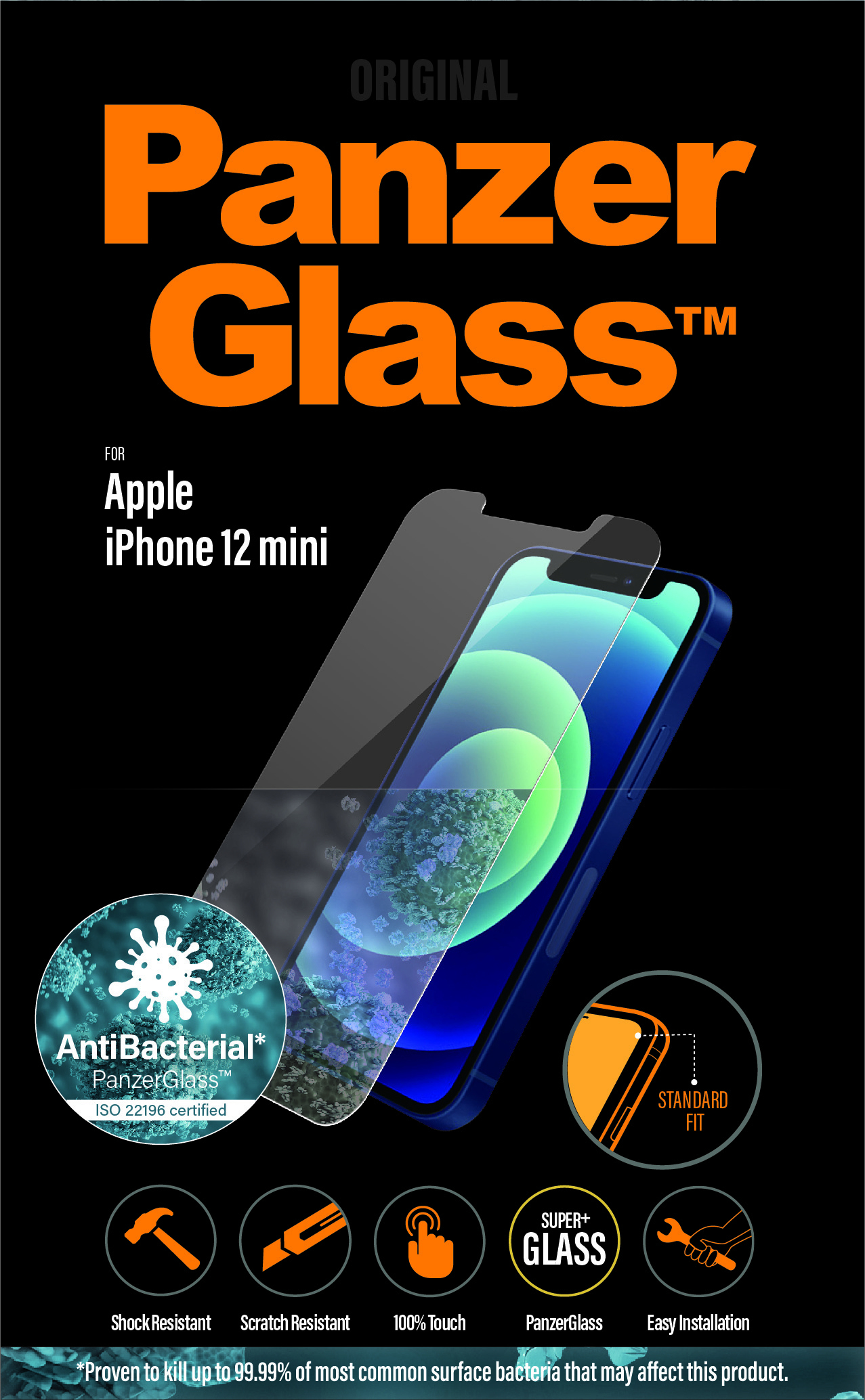 Un proteggi schermo PanzerGlass per iPhone 12 mini. L'immagine mostra il telefono con il proteggi schermo applicato, evidenziandone le proprietà.