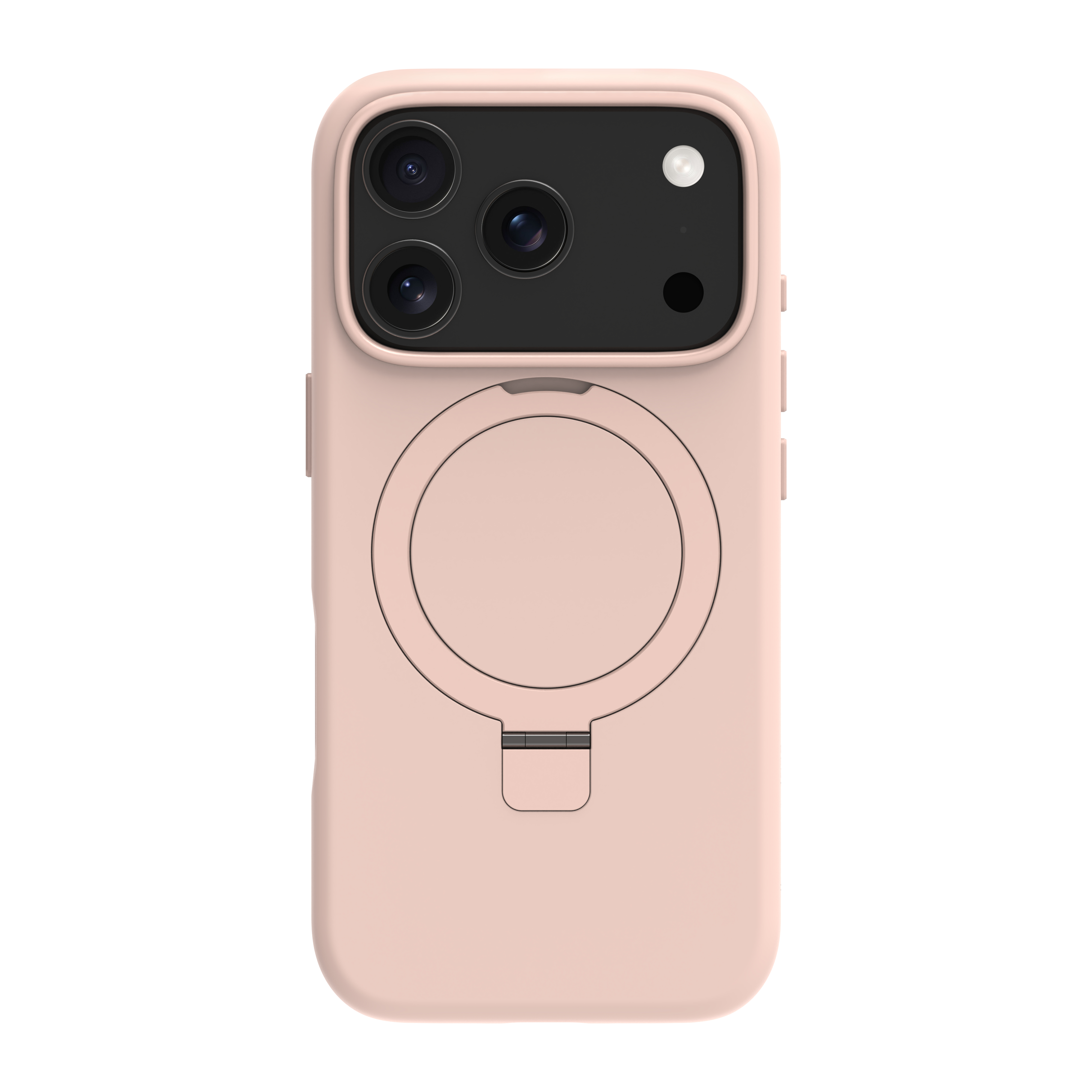 Una custodia rosa per telefono con un anello. Ha tre obiettivi e un flash.