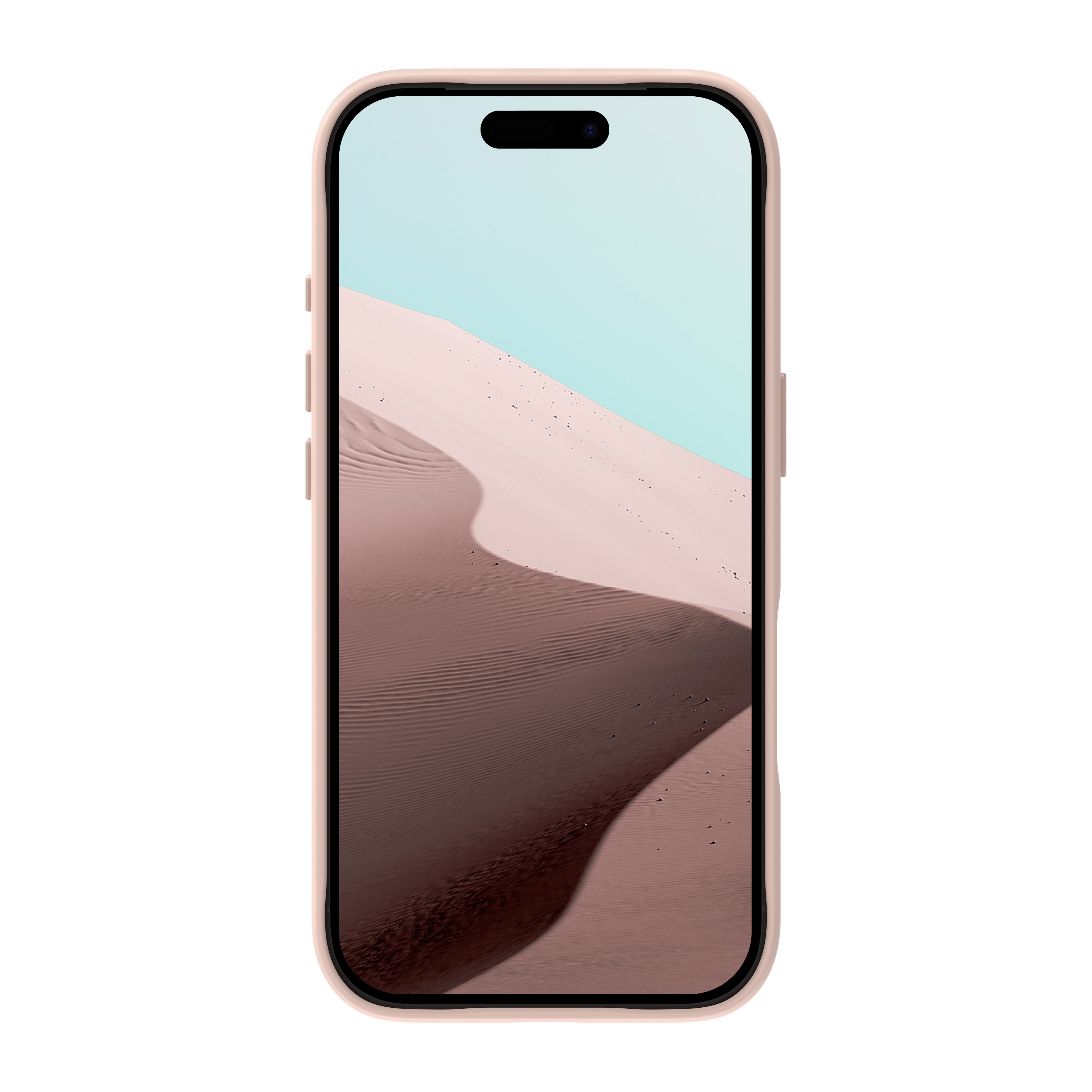 Un telefono mostra un paesaggio desertico sullo schermo. Il telefono è in una custodia rosa.