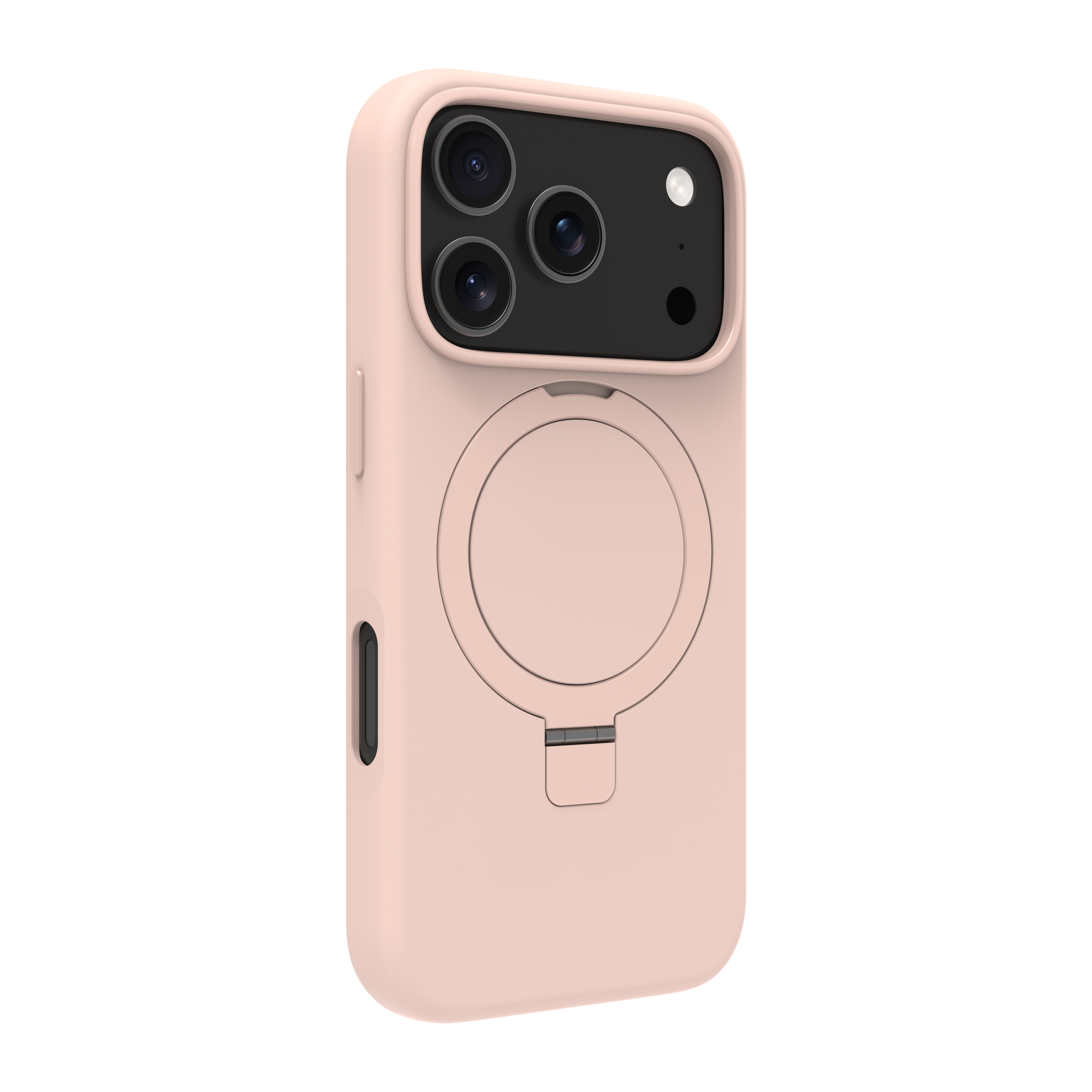 Una custodia rosa per telefono con tre obiettivi e un ritaglio circolare per un accessorio magnetico.