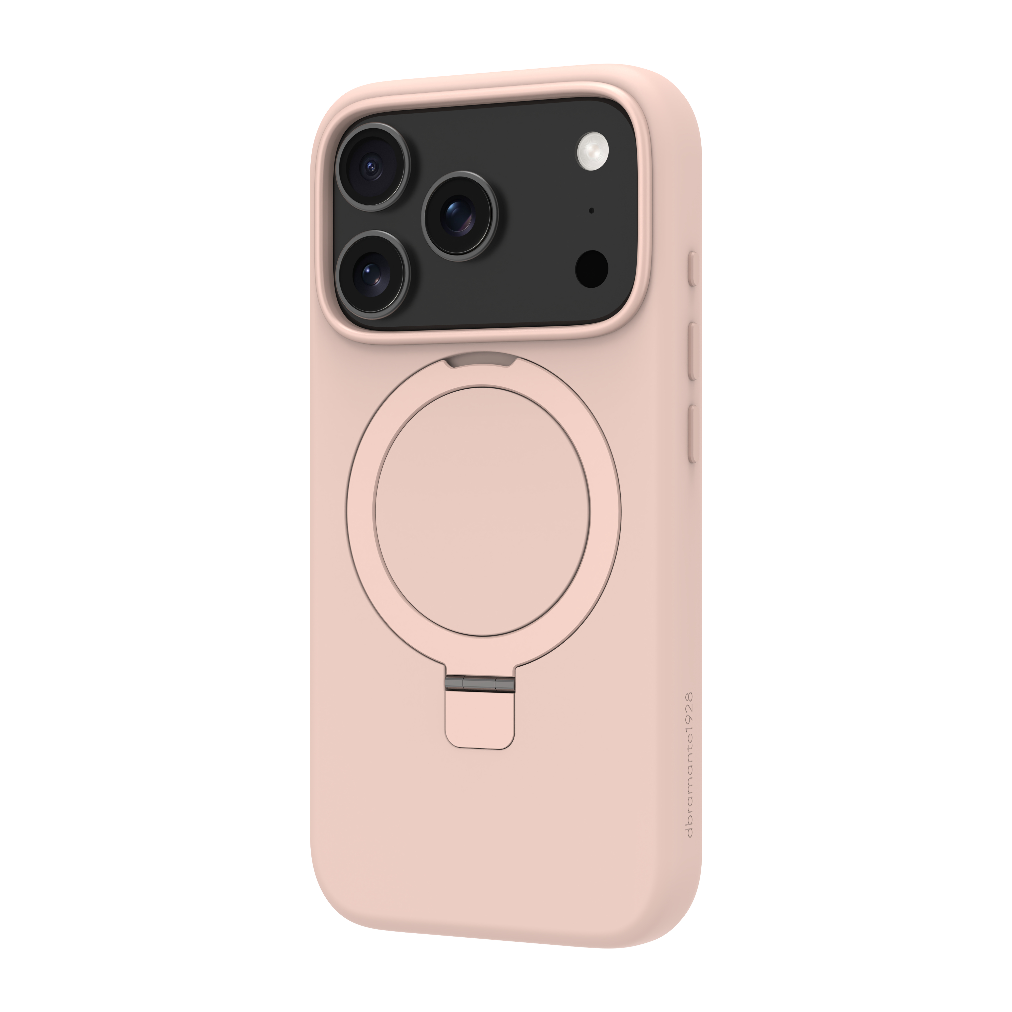 Una custodia rosa per telefono con un anello, che copre un telefono con più lenti della fotocamera.