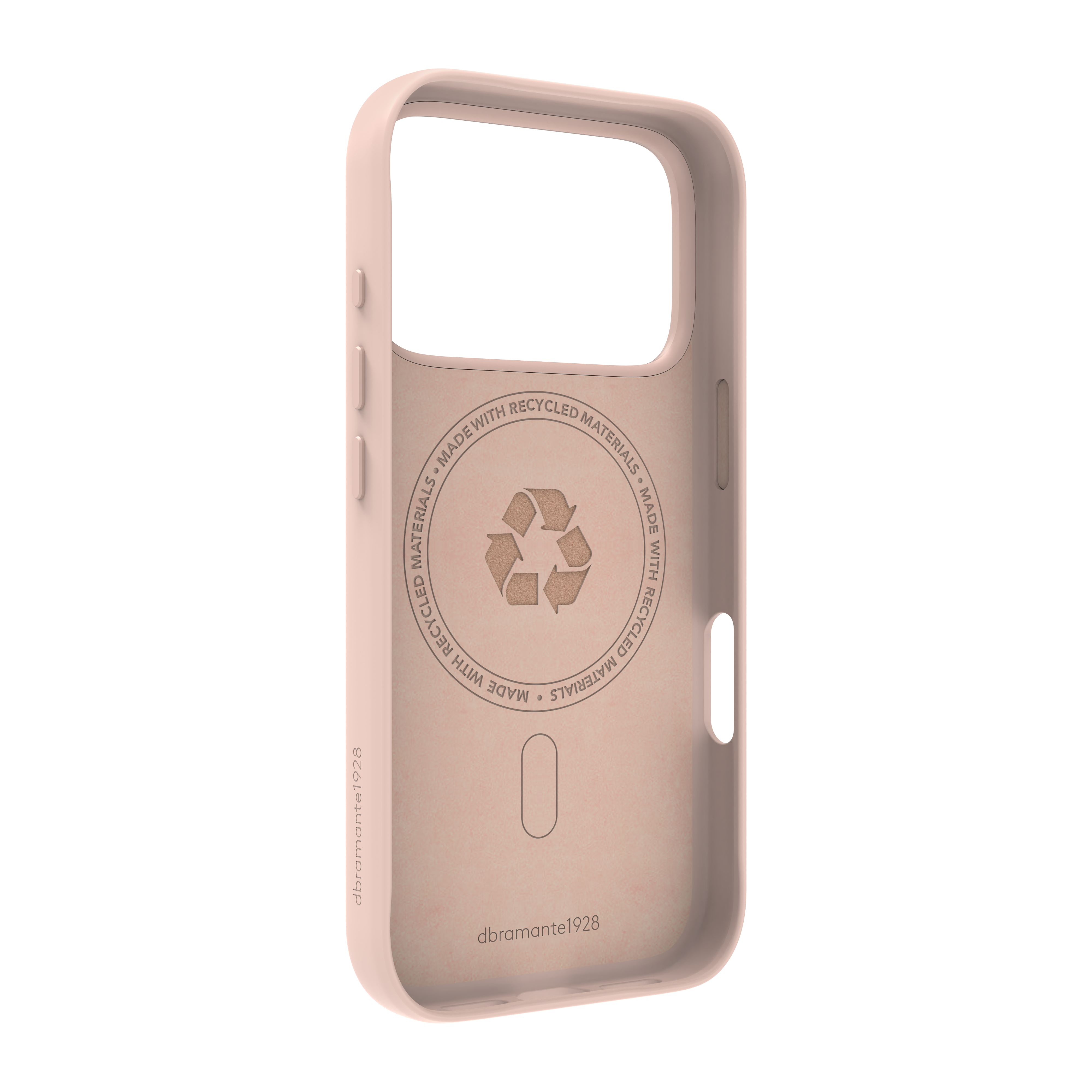 Una custodia per telefono rosa chiaro. Ha un ritaglio per la fotocamera e i pulsanti. Dice: 'Realizzato con materiali riciclati'.