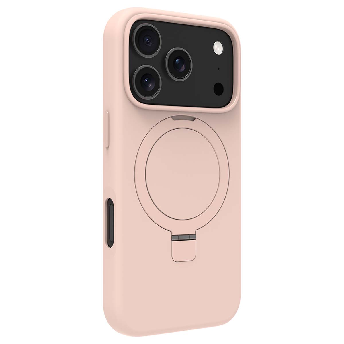 Una custodia rosa per telefono con tre obiettivi e un design circolare sul retro.