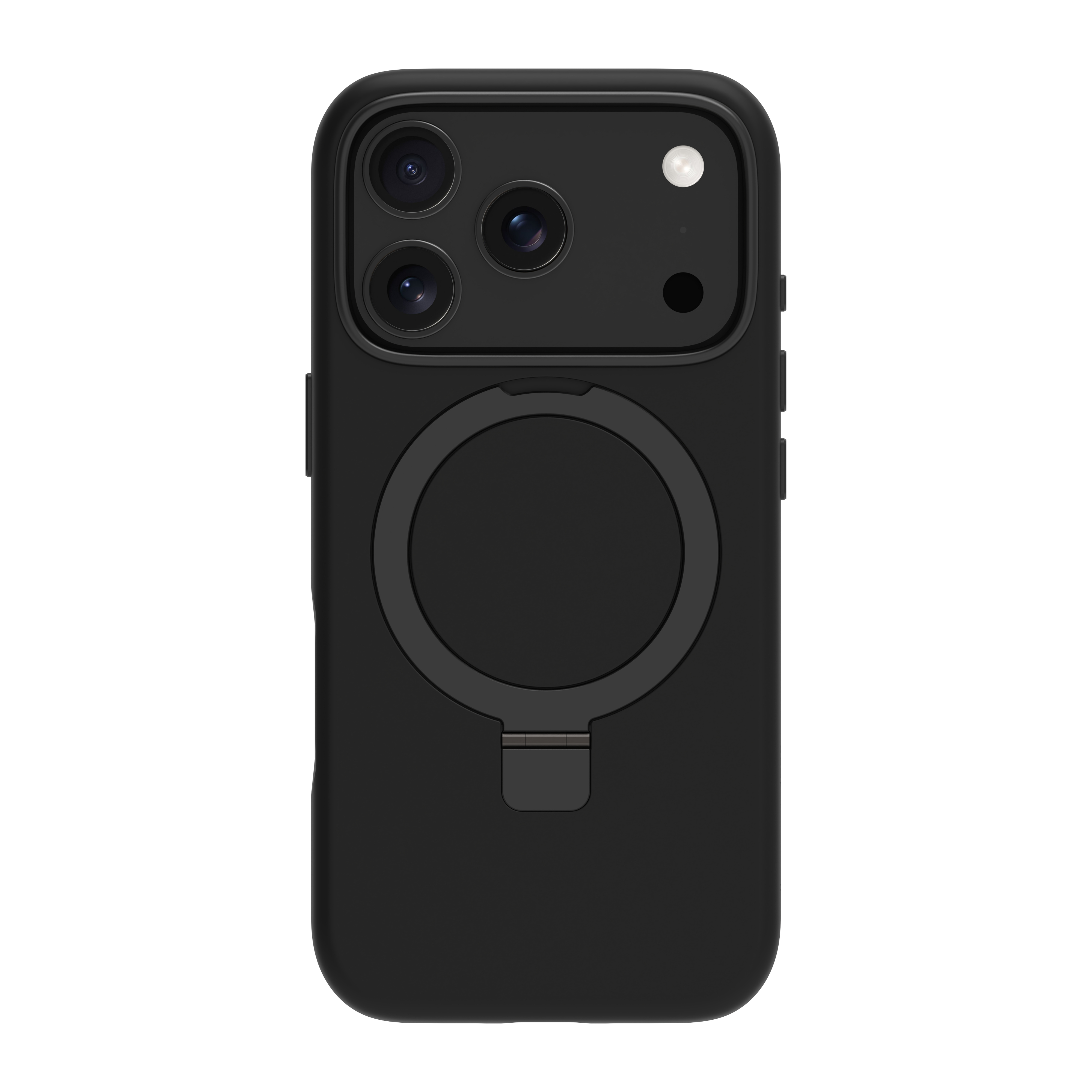 Custodia nera per telefono con fotocamera e supporto ad anello. È su sfondo bianco.
