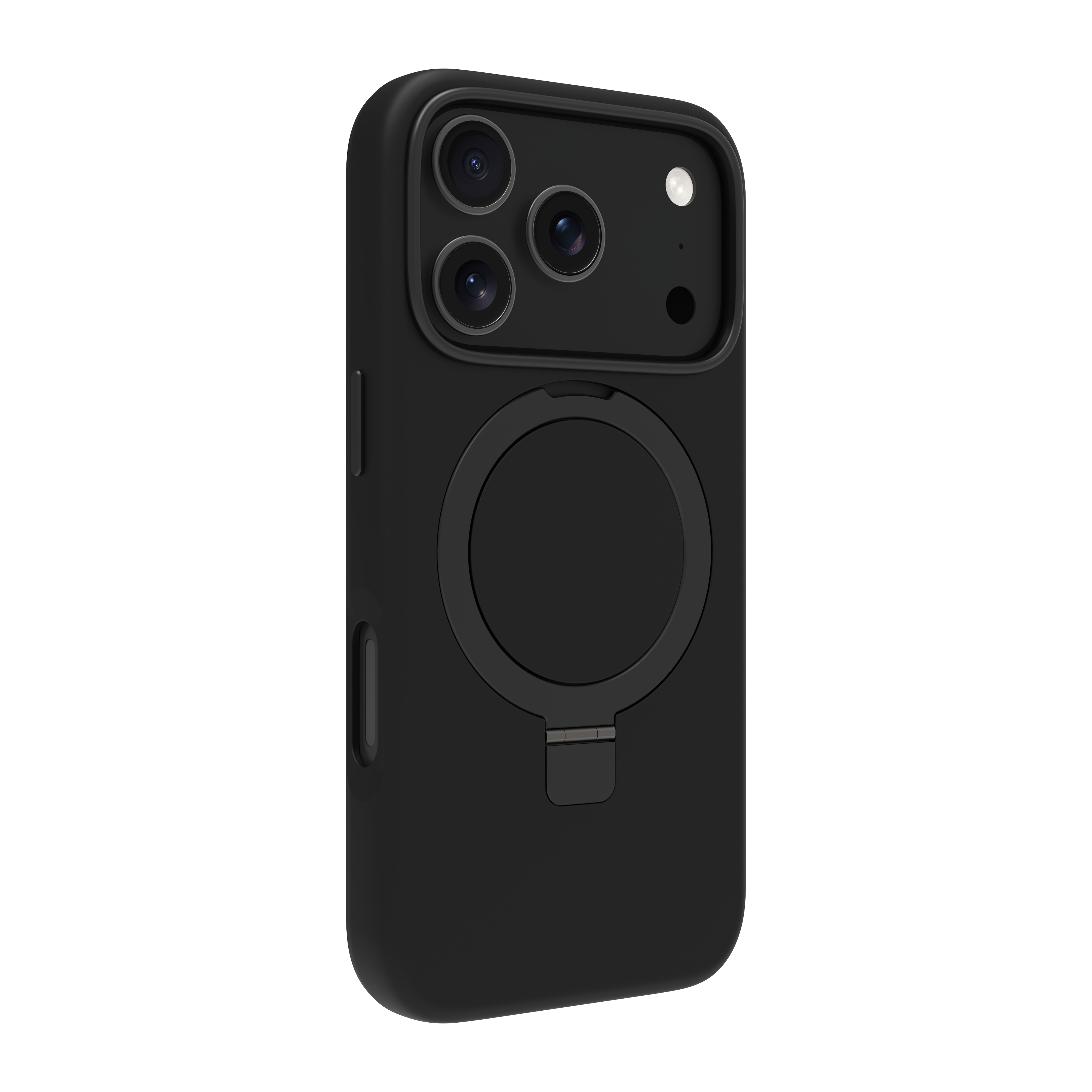 Custodia nera per iPhone con tre lenti della fotocamera e attacco magnetico circolare, su sfondo bianco.