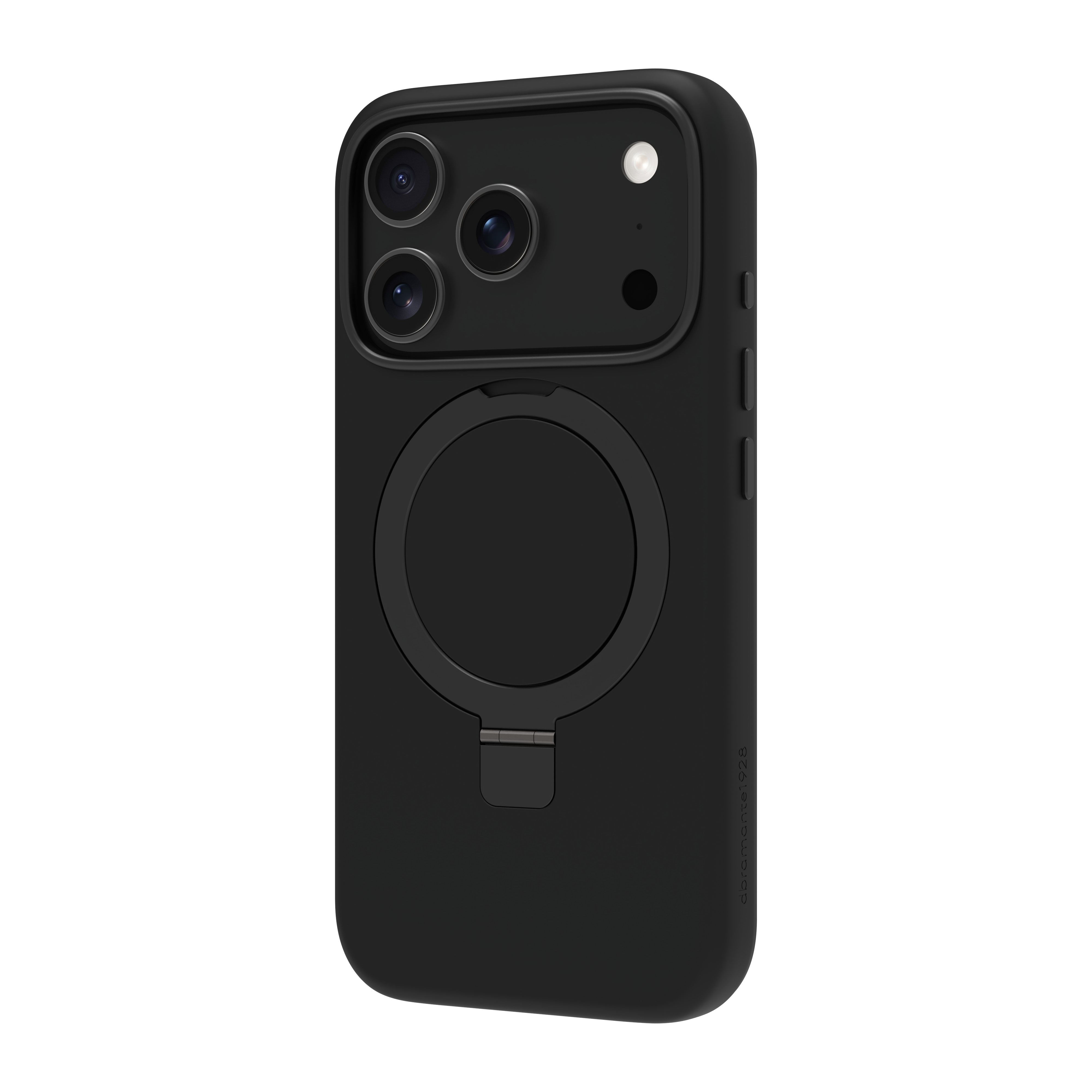 Custodia per telefono nera con ritagli per fotocamera e attacco magnetico circolare. Sfondo bianco.