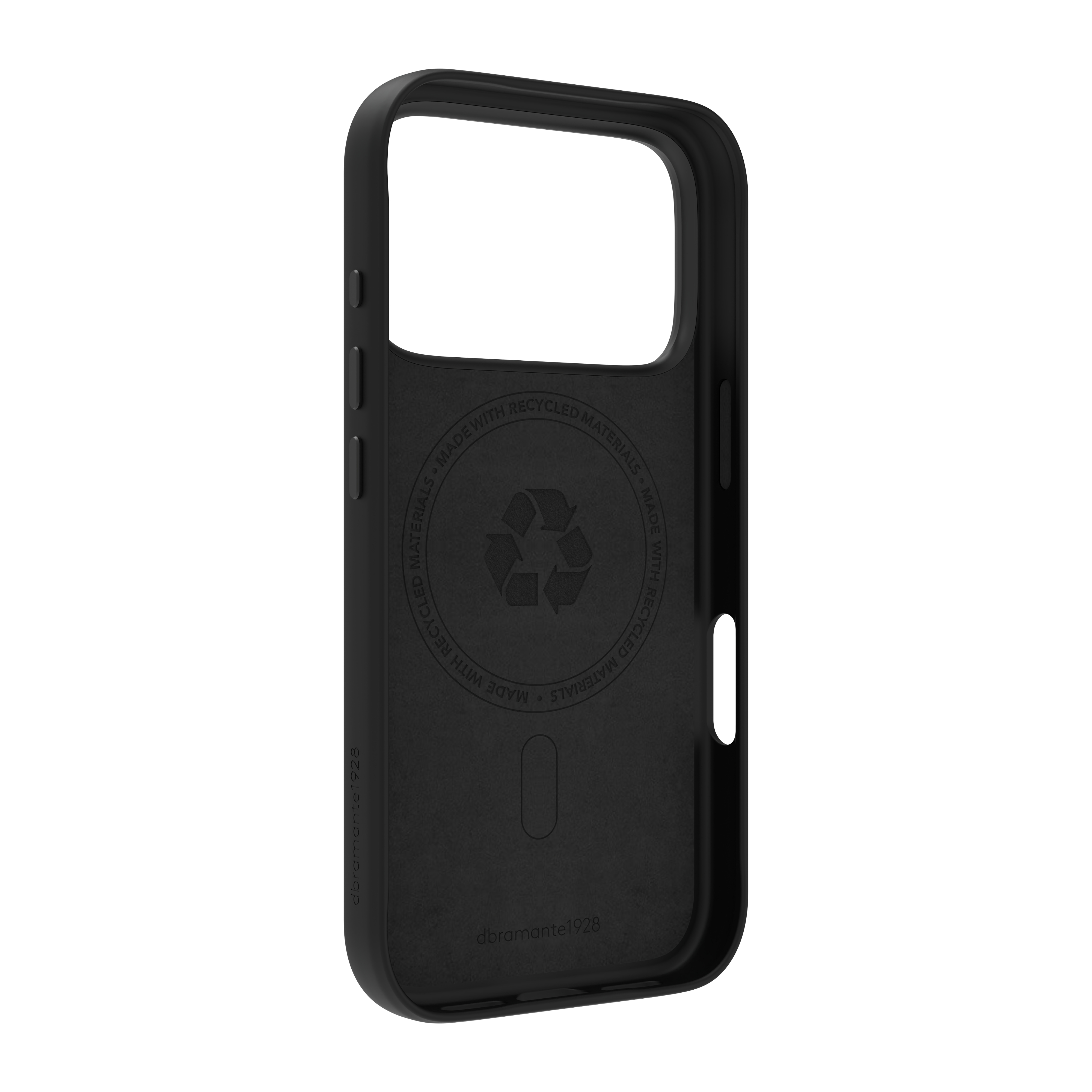Custodia nera per telefono con ritaglio per la fotocamera. La custodia presenta un simbolo di riciclo e il testo 'realizzato con materiali riciclati'.