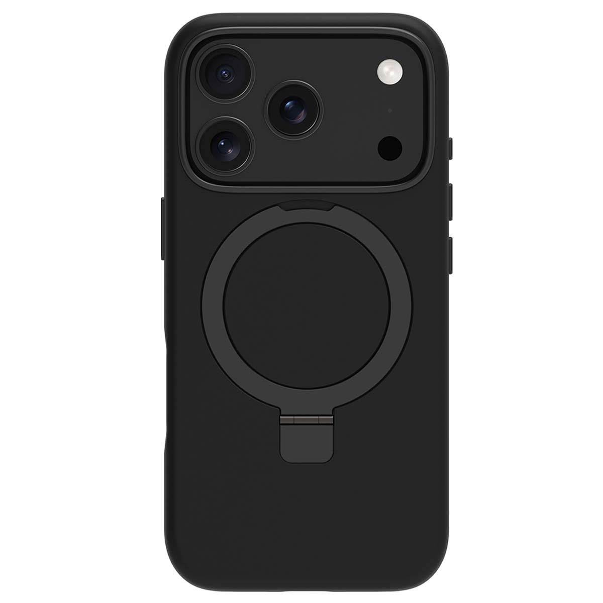 Custodia nera per telefono con ritagli per fotocamera e un supporto circolare. Ha un supporto pieghevole. La custodia sembra essere di plastica.
