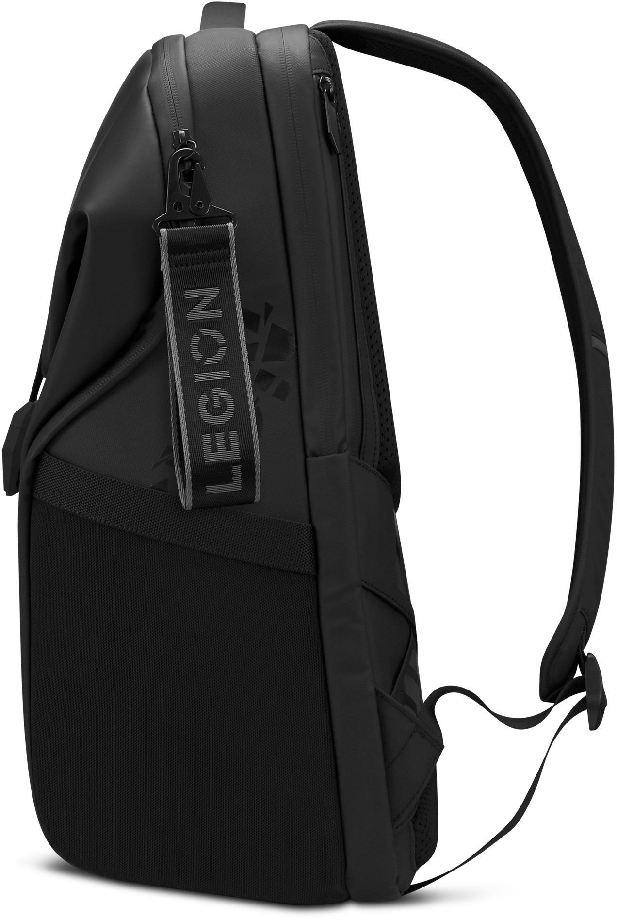 Mochila negra con correa 'LEGION'. Cuenta con un bolsillo lateral de malla y una correa de hombro curvada. La bolsa tiene varios compartimentos.