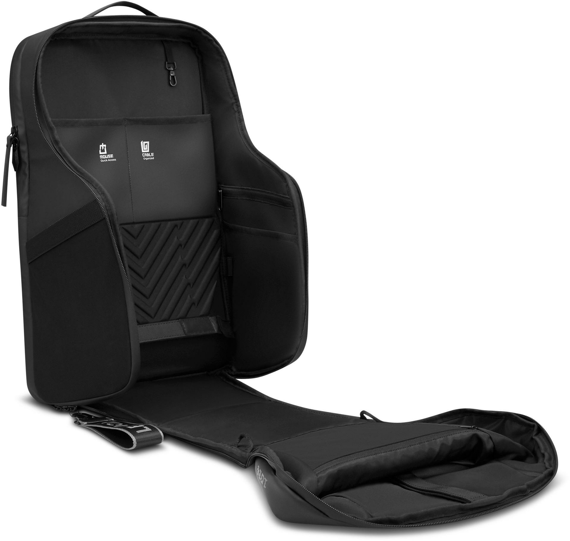 Mochila negra con múltiples compartimentos, abierta para mostrar el interior. Logos para acceso al ratón y organización de cables.