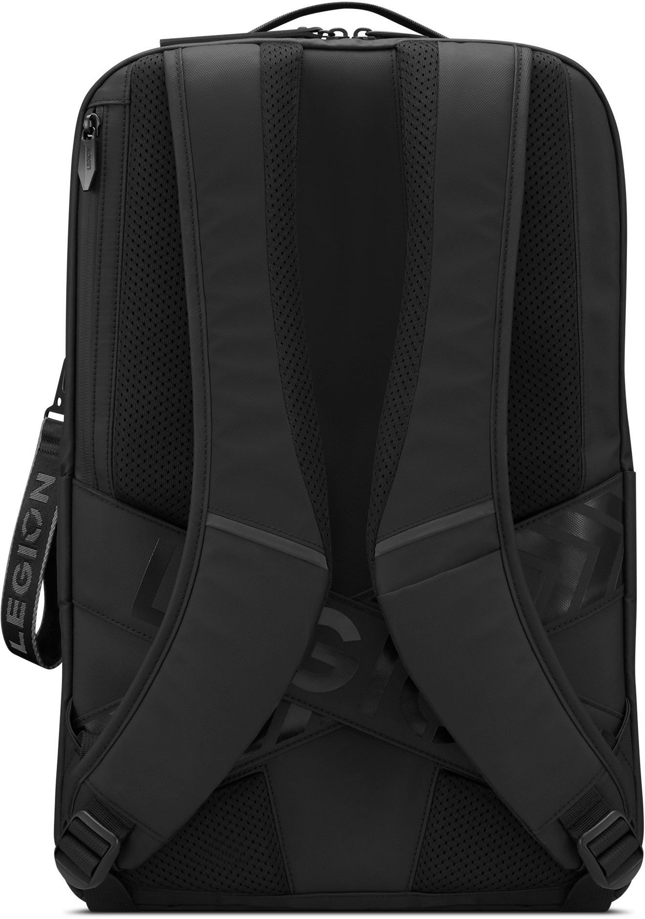 Mochila negra Legion. Cuenta con correas acolchadas, panel trasero de malla y marca Legion. Vista detallada de la parte trasera.