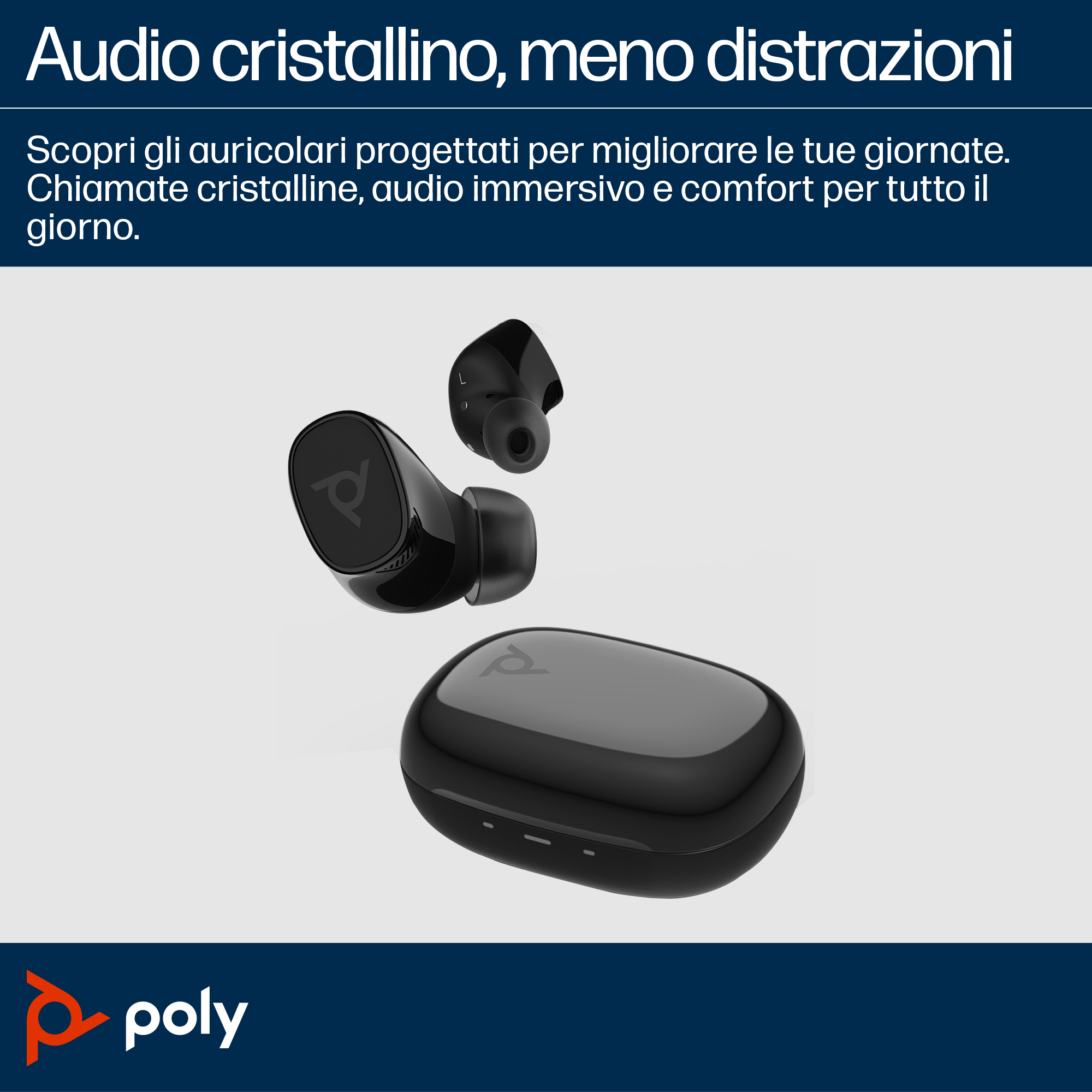L'immagine mostra auricolari wireless neri e la loro custodia di ricarica. Il testo in alto dice: 'Audio cristallino, meno distrazioni'.