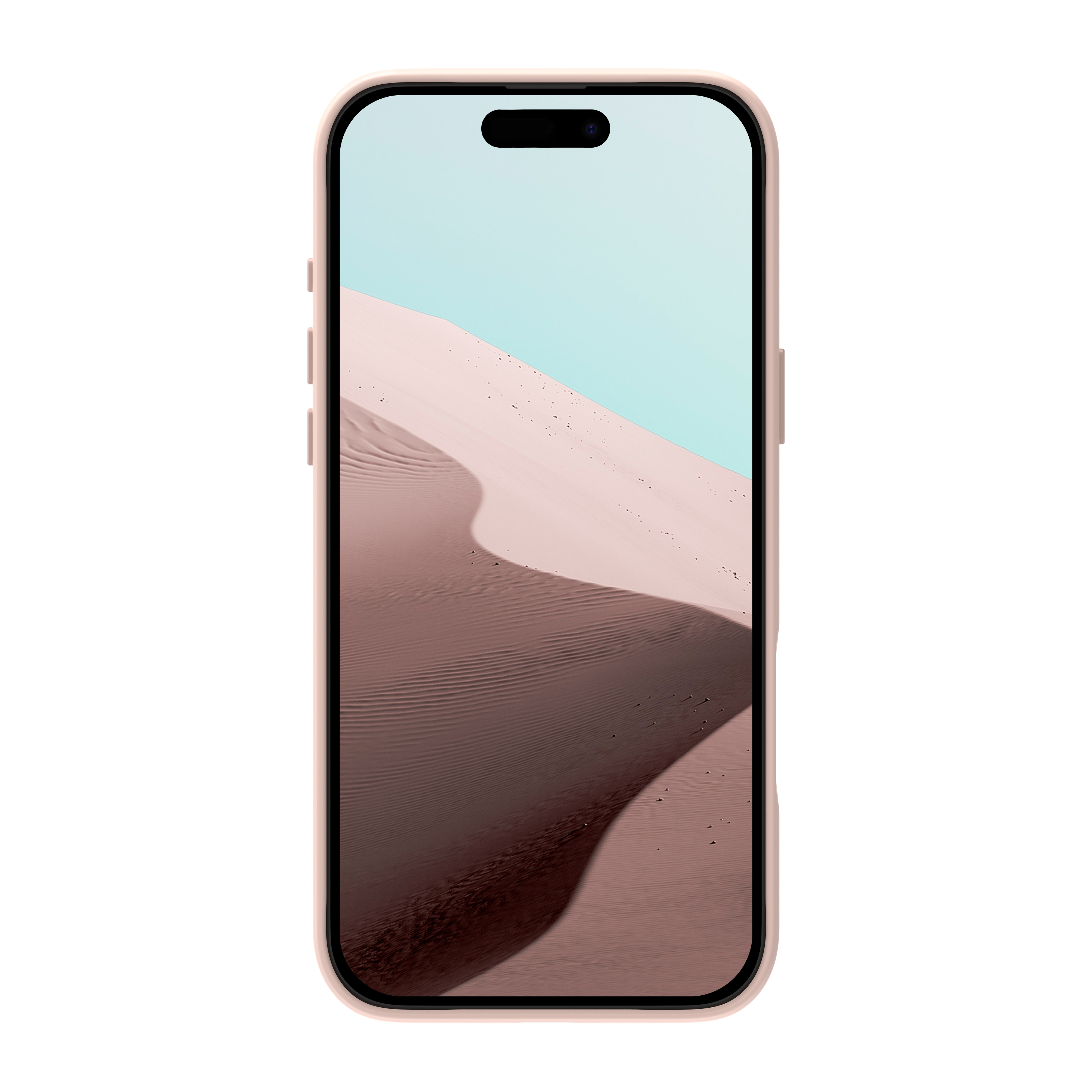 Uno smartphone mostra una scena desertica con sabbia rosa e cielo blu.