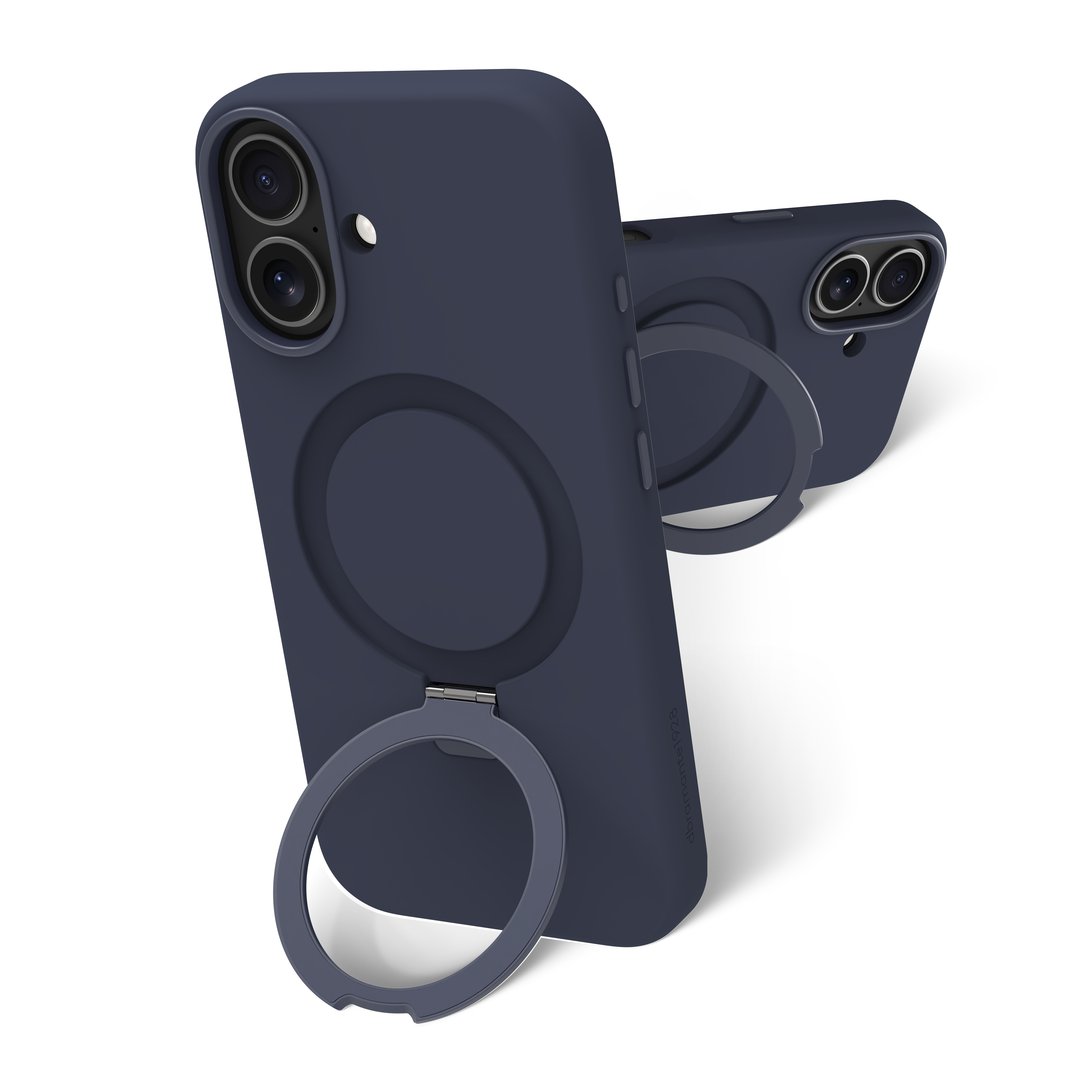 Due custodie per telefono blu navy con anelli, una davanti, l'altra dietro. Sfondo bianco.