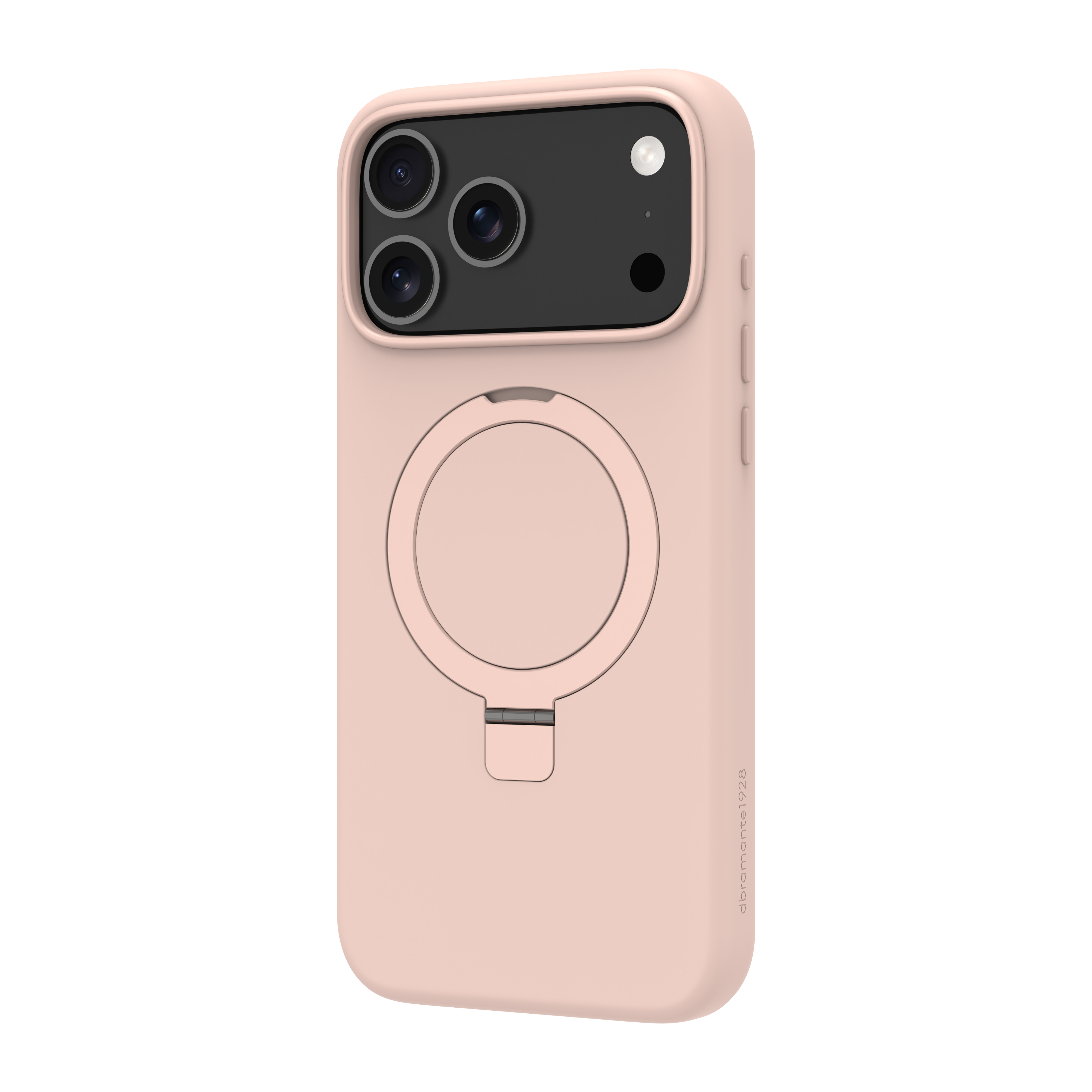 Custodia rosa per telefono con supporto ad anello e modulo fotocamera su sfondo bianco.