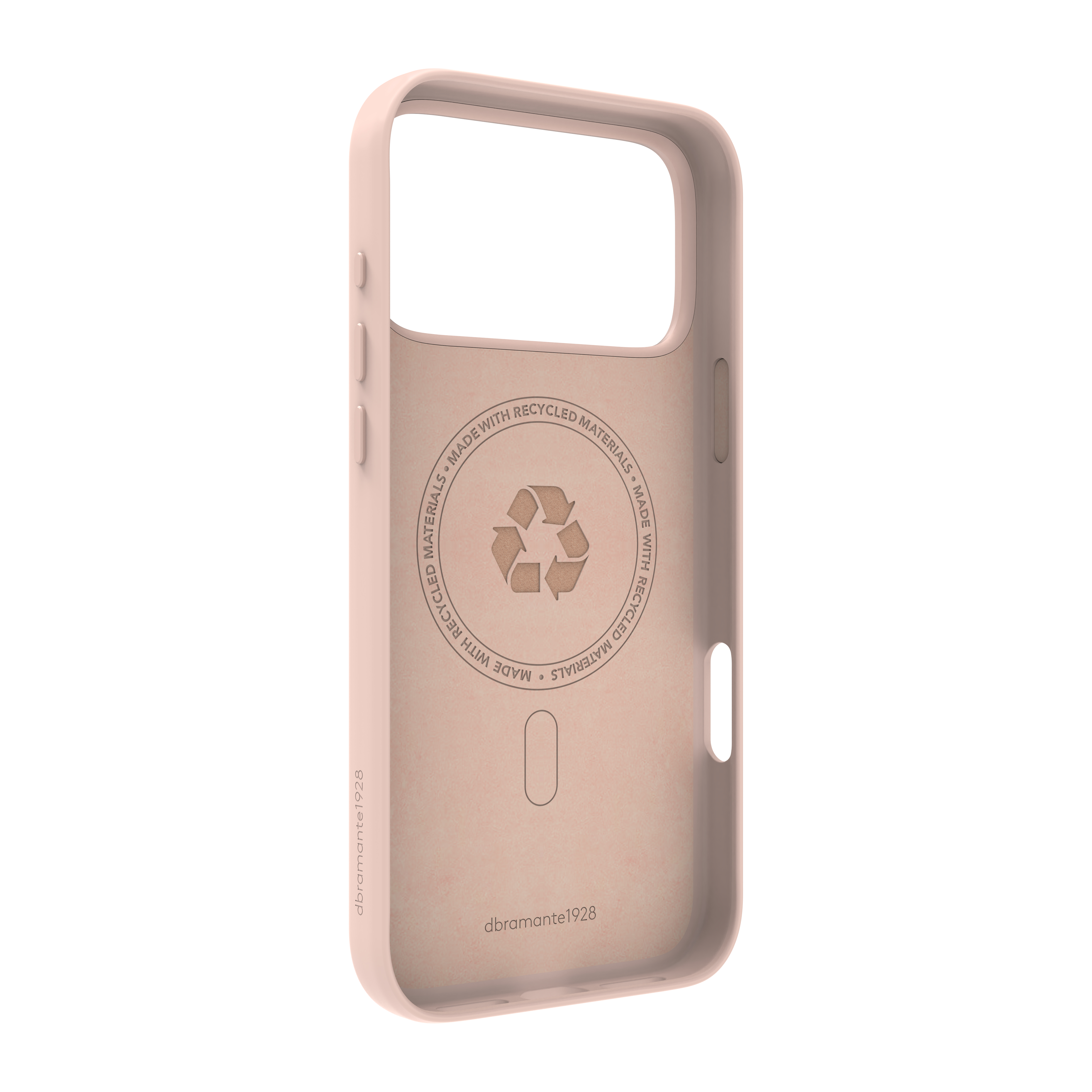 Una custodia per telefono rosa chiaro. L'interno presenta un simbolo di riciclo e testo sui materiali riciclati.