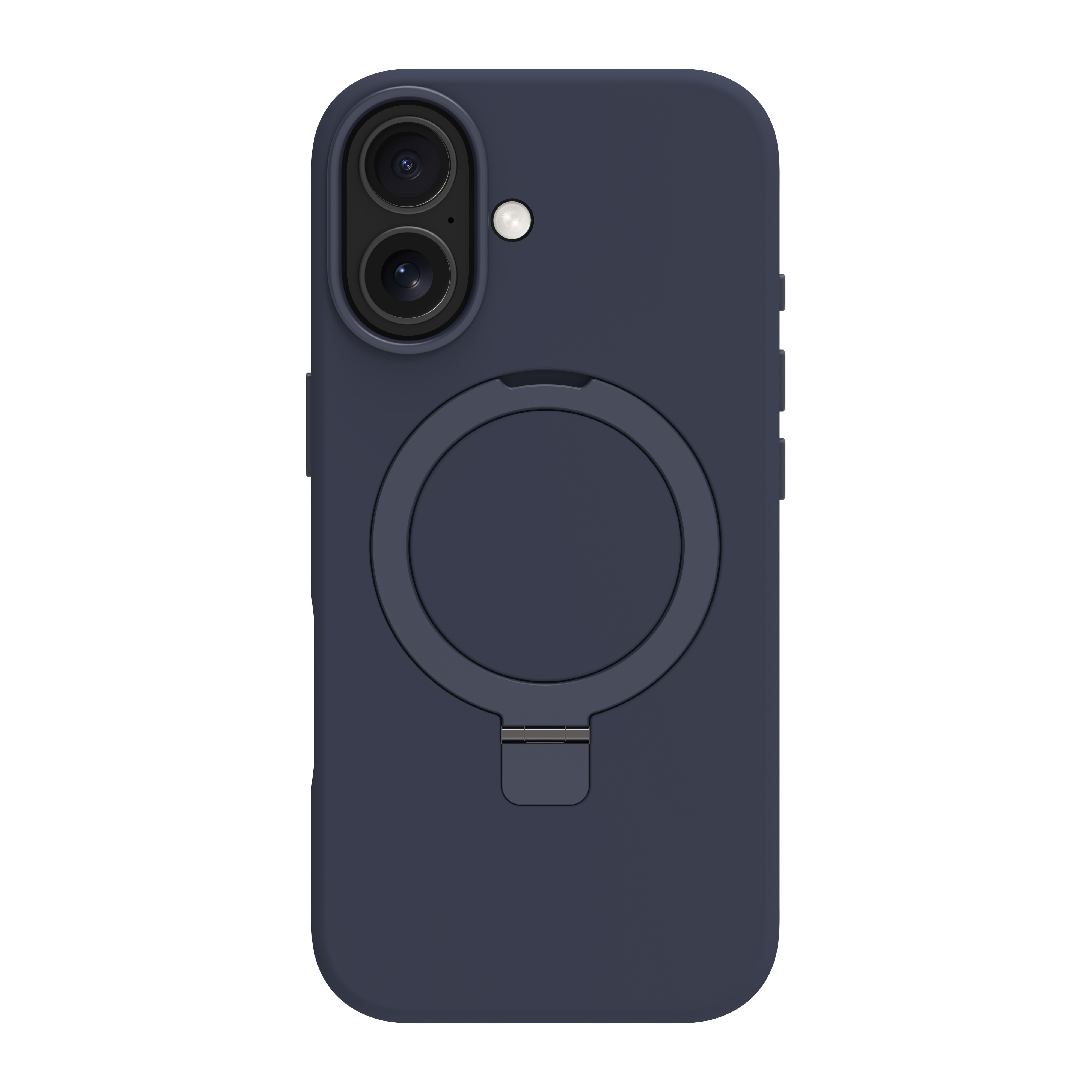 Una custodia blu navy. Ha due obiettivi, un portanello e un supporto. Lo sfondo è bianco.